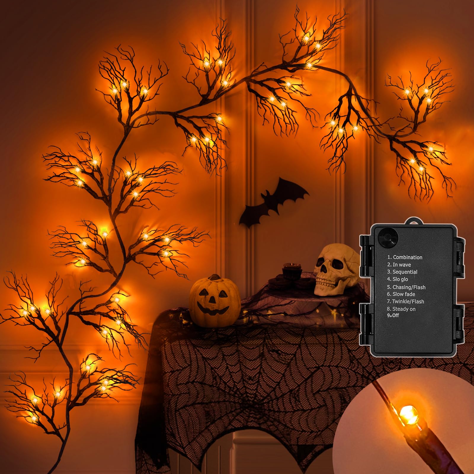 45 LED Halloween Willow Vine Garland - 6ft Battery Operated Waterproof Orange Lights with 8 Modes & Timer for Indoor Wall, Fireplace Mantel, Window, Porch, and Party Decorations