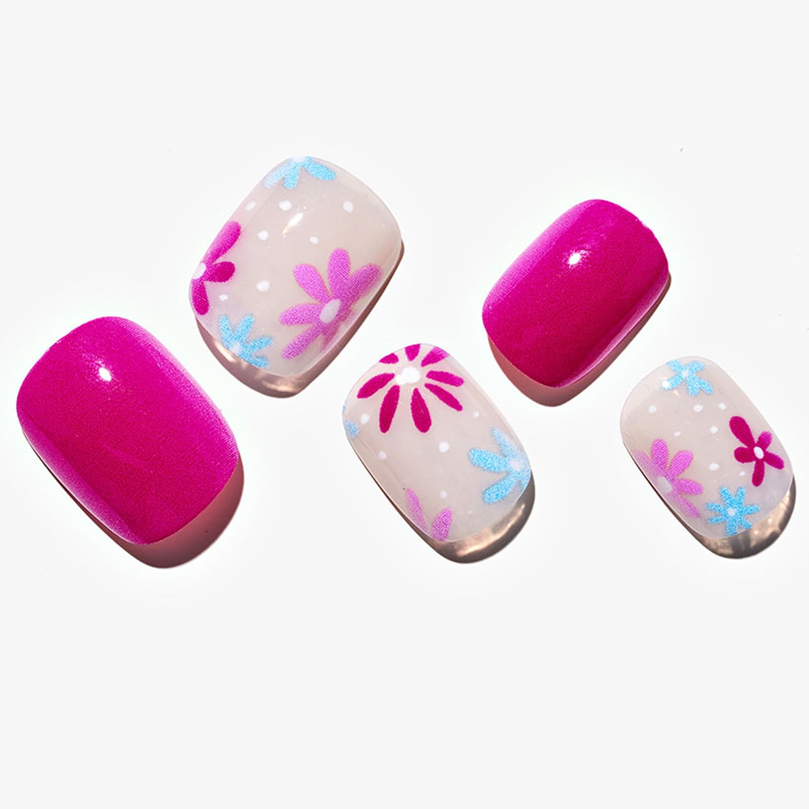 GLAMERMAID 24Pcs Press on Nails Extra Short Squoval - Spring Summer Hot Pink Flower Gel Fake Nails with Glossy UV Finish | Reusable Acrylic False Nails Manicure Kit for Women | Perfect for Parties, Weddings & Everyday Wear