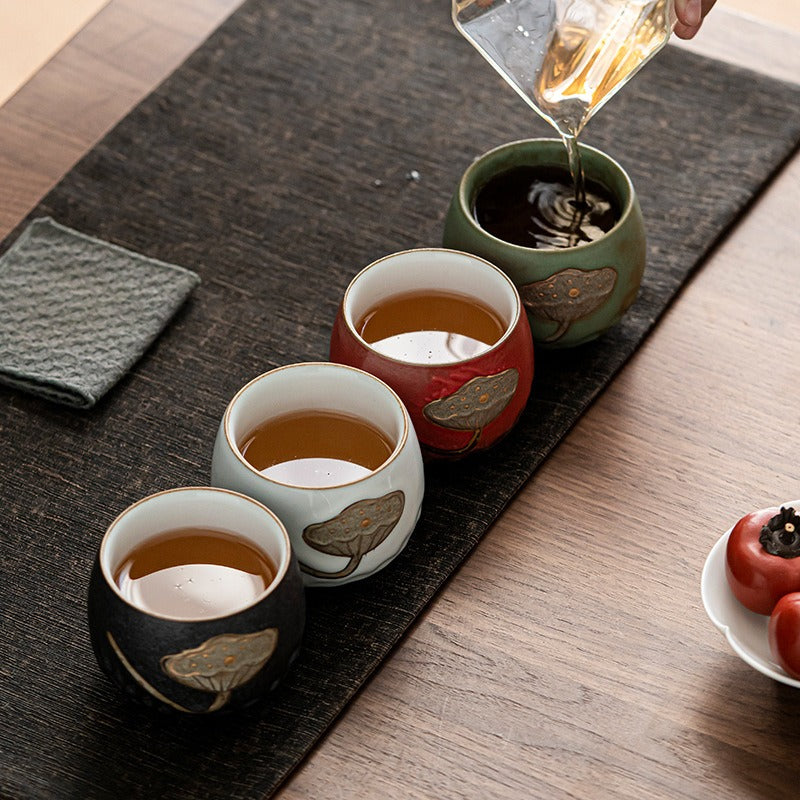 Premium Handcrafted Kiln-Fired Lotus Kung Fu Tea Cup Set of 4 - Traditional Chinese Ceramic Teacups for Gongfu Tea Ceremony, Home Decor & Gift Giving