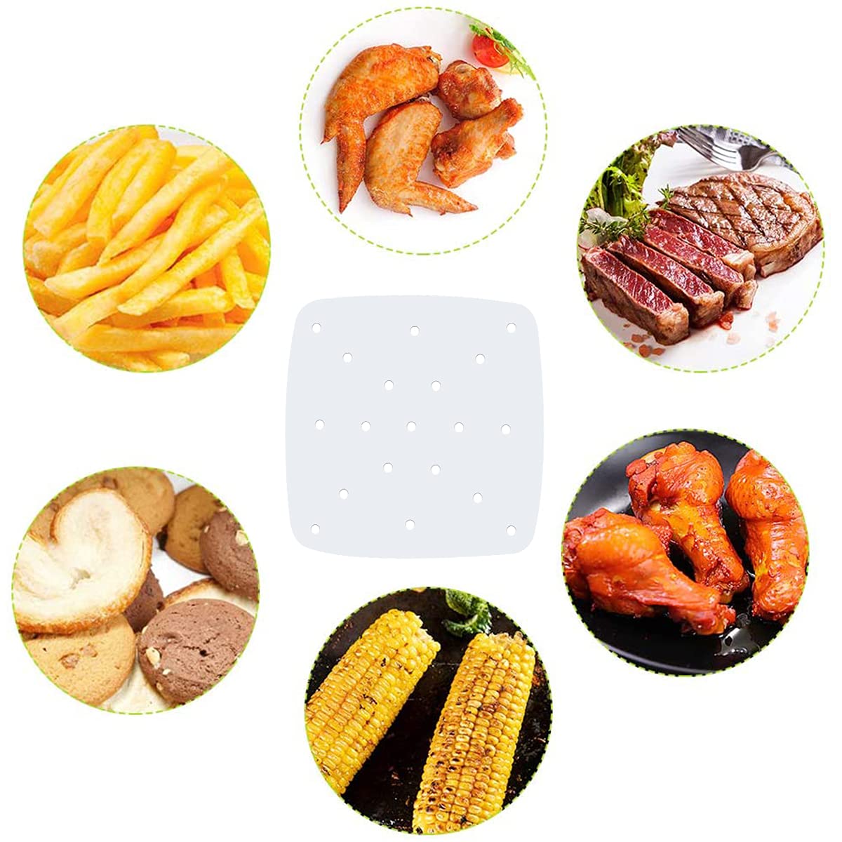 200PCS Air Fryer Parchment Paper - Perforated Steam Paper for Air Fryer, Steaming Basket, Baking & Oven - 8.5 Inch Square White Bamboo Steamer Paper - Perfect for Healthy Cooking, Meal Prep & Party Snacks