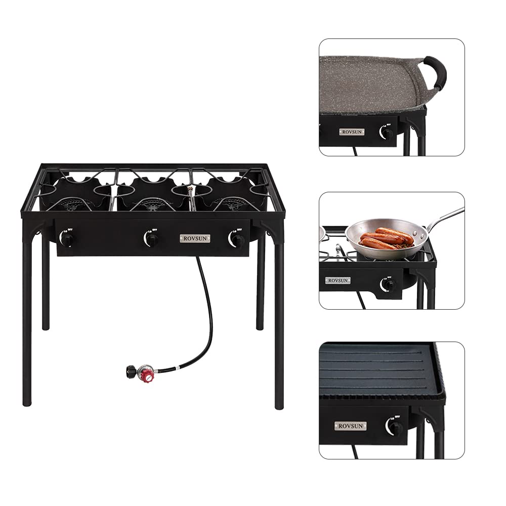 ROVSUN 225,000 BTU 3-Burner Outdoor Propane Gas Stove with Regulator - High Pressure Stand Cooker for Backyard BBQ, Camping, Home Brewing, Canning & Turkey Frying | Perfect for Outdoor Cooking, Tailgating & Large Gatherings