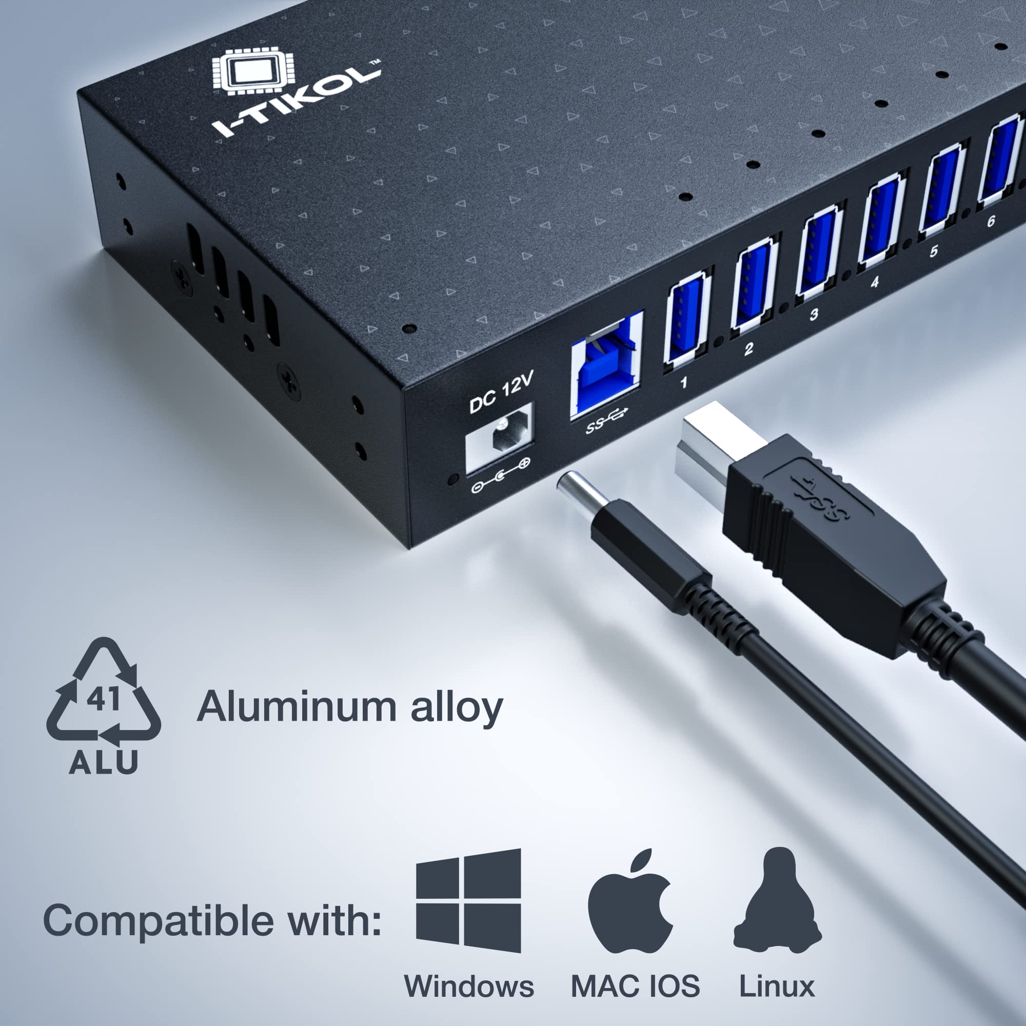 16-Port USB 3.0 Hub with AC Adapter - 5Gbps High-Speed Aluminum Alloy USB Splitter for Laptop, PC, Tablet & Phone - Desktop USB Expander for Multiple Devices - Perfect for Home Office, Gaming Setup & Workstation Connectivity