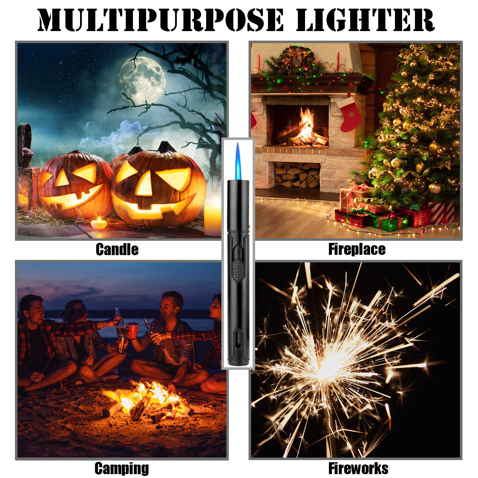 Anrapley Butane Torch Lighter - 6.0 Inch Windproof Adjustable Jet Flame Lighter with Fuel Window for Candle Lighting, Fireplace, BBQ, Kitchen, Camping & Outdoor Use - Perfect Gift for Dad (Black, Gas Not Included)