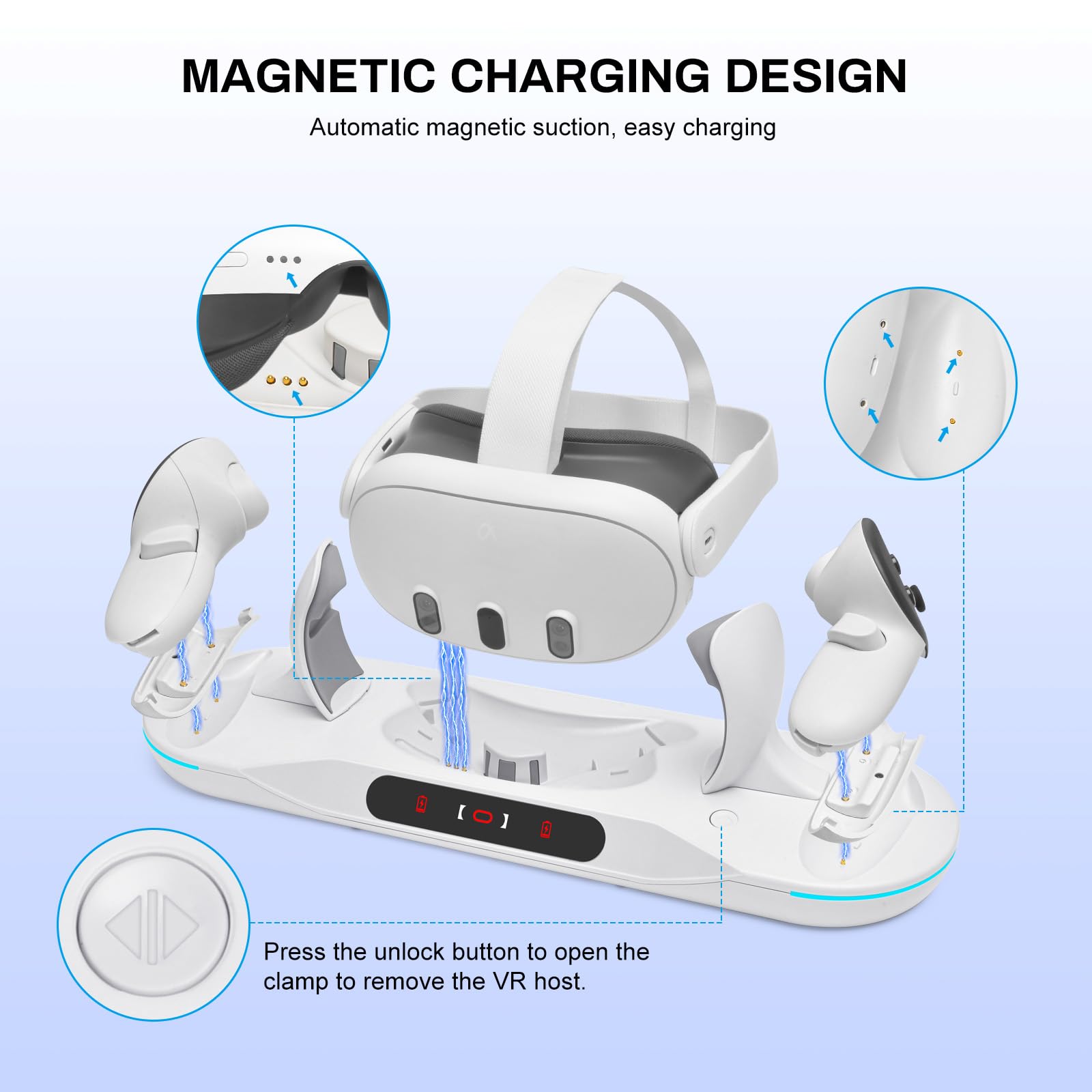 Meta Quest 3 Charging Dock - Auto-Clamping VR Charging Stand with Magnetic Charger for Quest 3 Headset & Controllers | Includes 2 Rechargeable Batteries, Battery Cover & LED Indicator | Perfect for Gaming, VR Entertainment & Display Storage