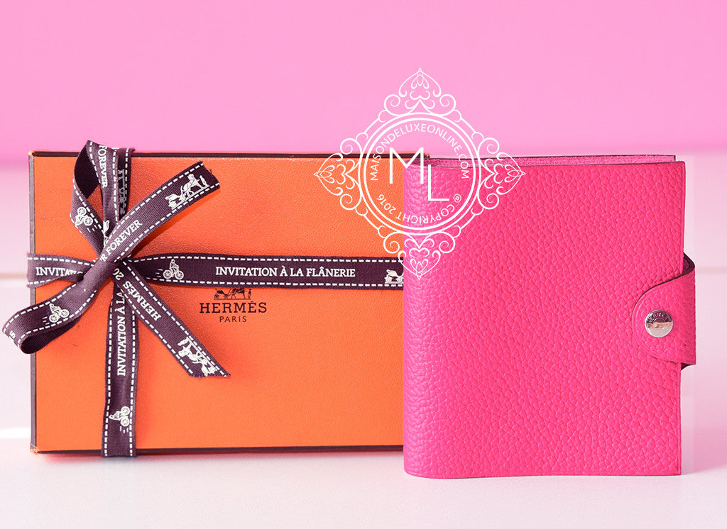 Hermes Rose Fluo Ulysse Mini Notebook Cover - Luxury Leather Journal Cover for Women - Perfect for Travel, Office & Gift Giving