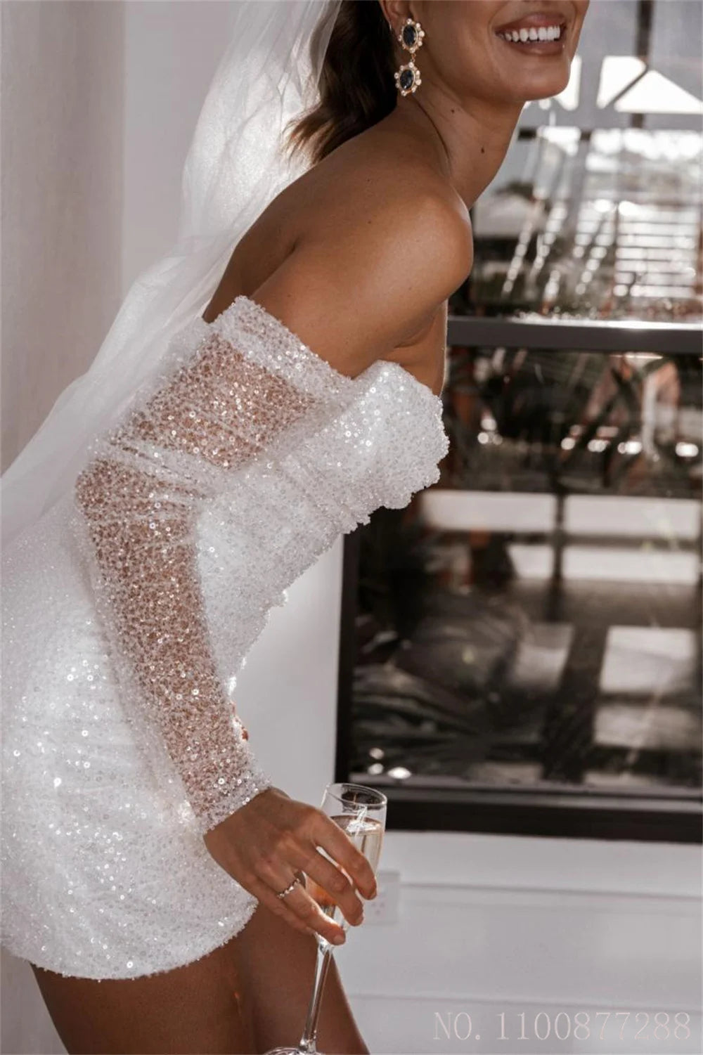 Elegant Off Shoulder Sequins Glitter Wedding Dress | Sheer Short Mini Bridal Gown for Beach Weddings, Bachelorette Parties & Romantic Photoshoots