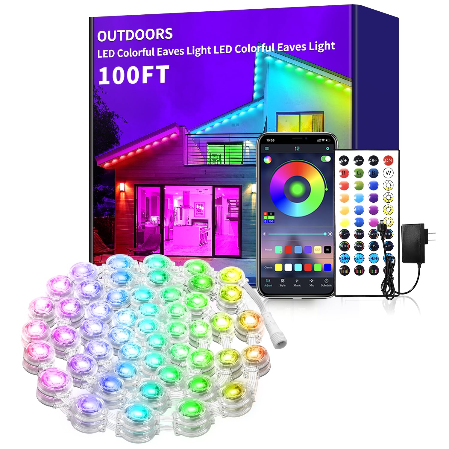 100ft RGB Permanent Outdoor Lights with App & Remote Control - IP67 Waterproof LED String Lights for Christmas, Halloween, Garden & House Decor - Perfect for Patio, Roof, Fence & Landscape Lighting