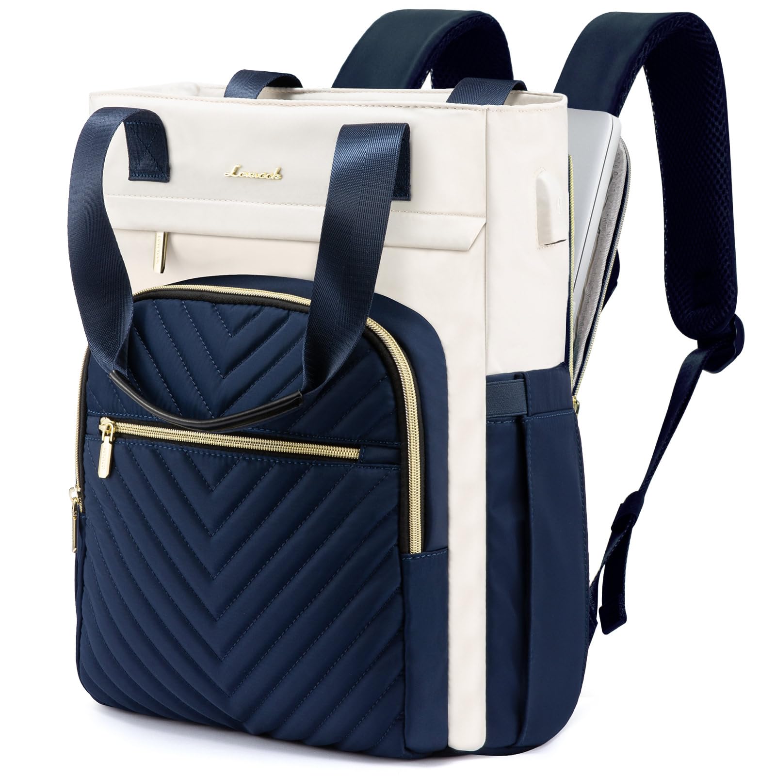LOVEVOOK Women's 17.3 Inch Laptop Backpack - Waterproof Business Bag with USB Port, Wide Top Open Design for Teachers, Nurses, Students & Travel - Blue-White | Perfect for Work, School & Daily Commute