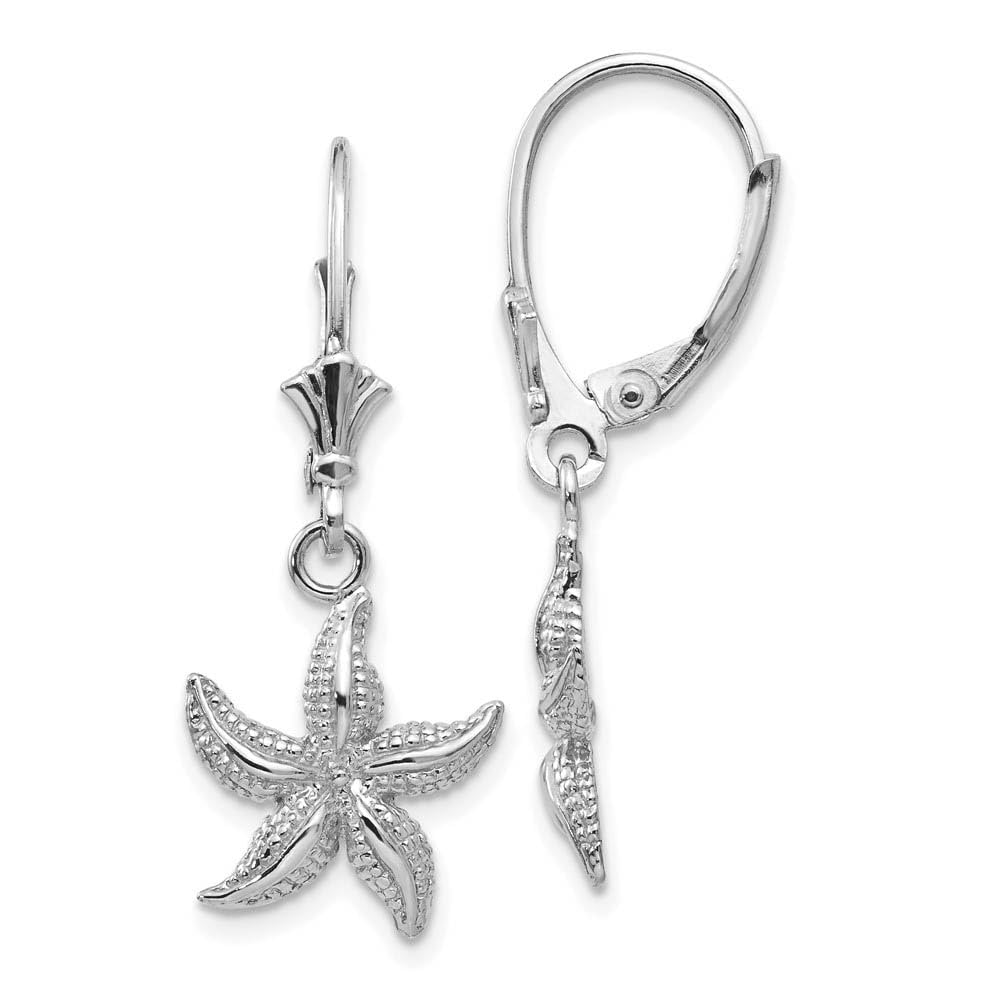 The Black Bow 12mm Textured Starfish Lever Back Earrings in 14k White Gold – Perfect for Beach Weddings and Summer Parties