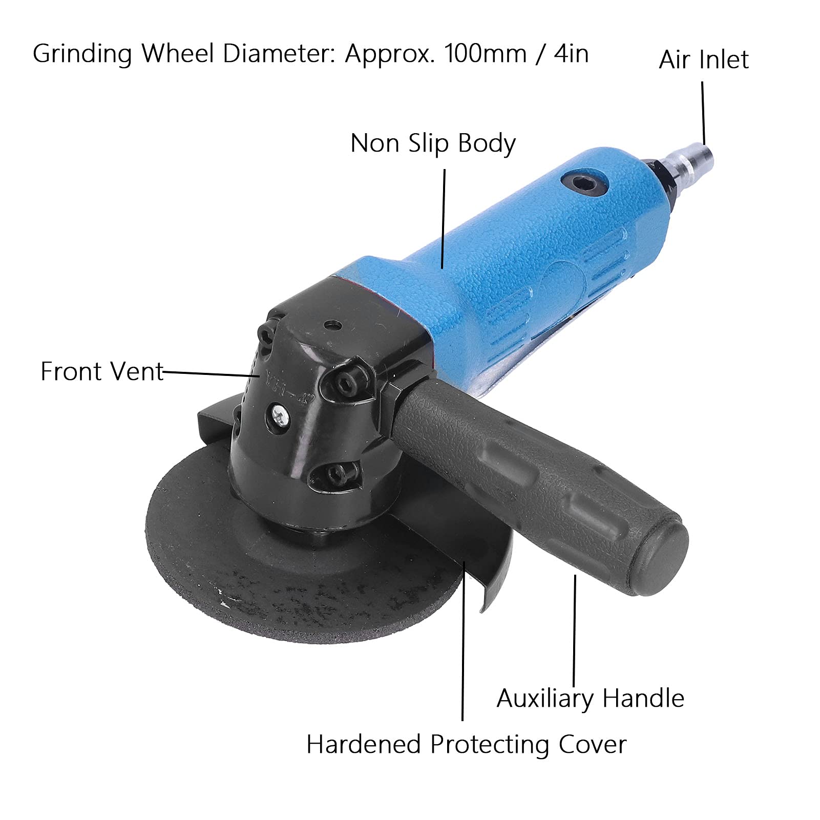 4in Air Angle Grinder - 11000 RPM Pneumatic Cutting Tool with Low Vibration, Hardened Gears & Precision Bearings for Metal Polishing, Burr Removal & Grinding - Perfect for Automotive Repair, Metal Fabrication & DIY Projects (Blue)