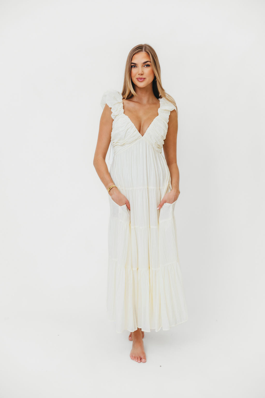 Katy Pleated Bodice Midi Dress in Cream | Bump Friendly Maternity Dress | Perfect for Baby Showers, Weddings & Special Occasions
