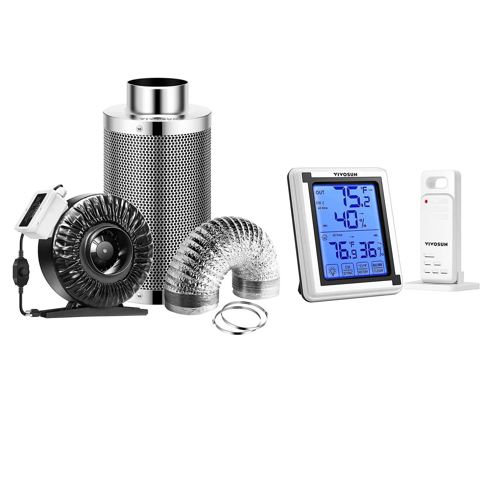 VIVOSUN 4 Inch 203 CFM Inline Fan with Speed Controller, Carbon Filter & 8ft Ducting Combo - Air Filtration Kit with Digital Hygrometer Thermometer for Grow Tent, Hydroponics & Indoor Gardening