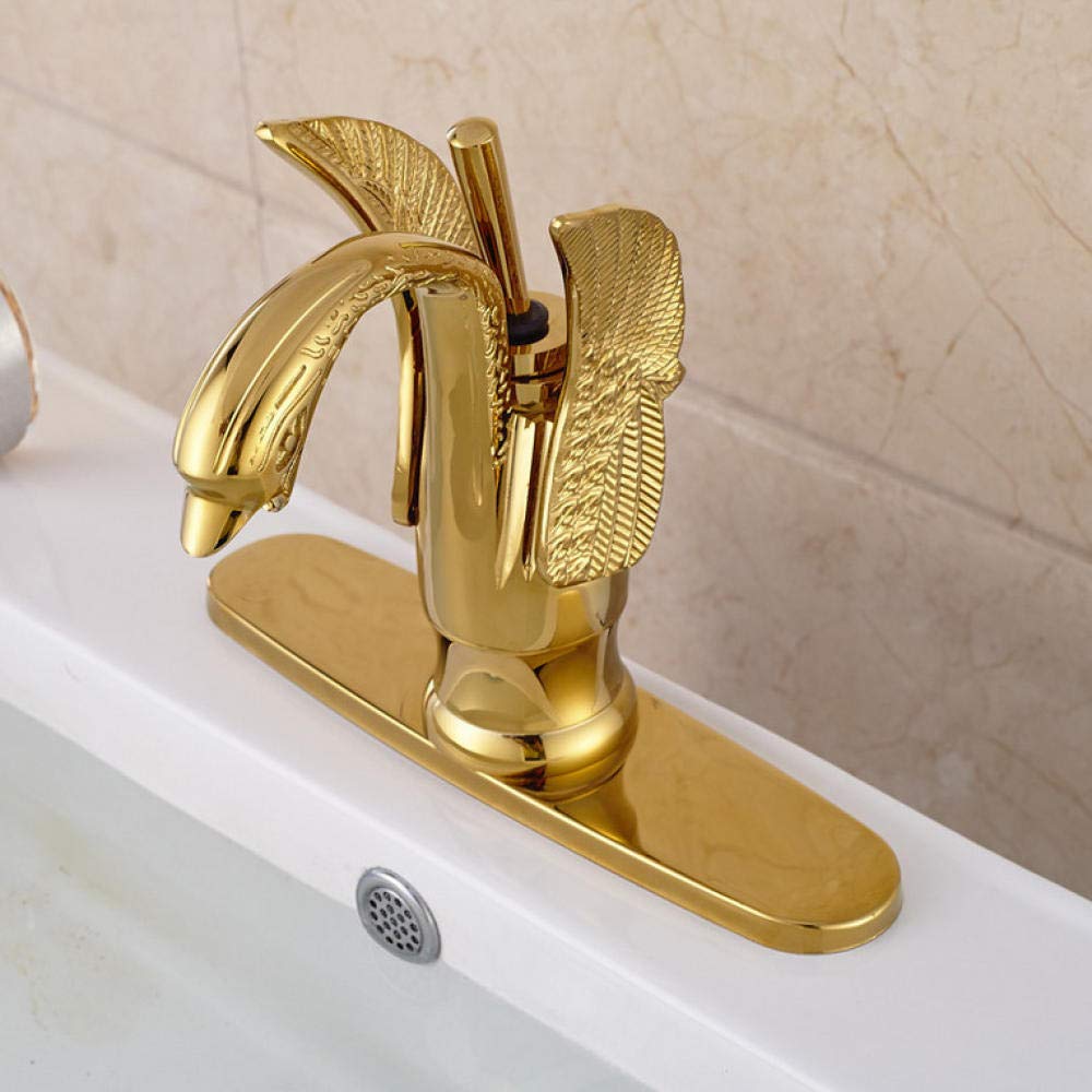 Golden Deck Mount Brass Bathroom Sink Faucet - Swan Shape Lavatory Mixer Tap with Hole Cover Plate | Elegant Vessel Sink Tap for Modern Bathrooms & Powder Rooms