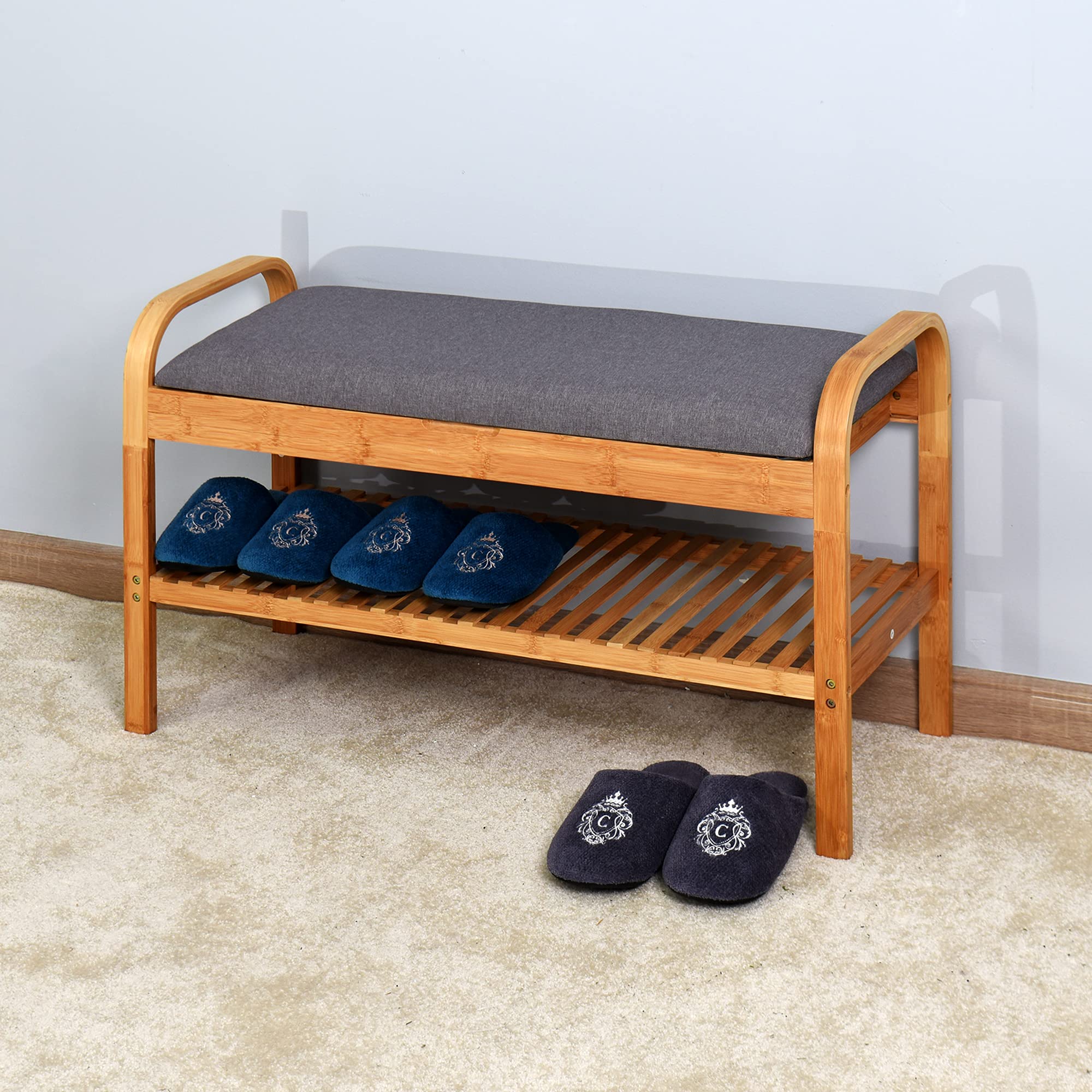 HomVent Shoe Bench with Storage - Small Entryway Bench Seat, Bamboo Shoe Rack & Stool with Cushion for Hallway, Living Room, Bedroom - Perfect for Organizing Shoes & Adding Seating Space