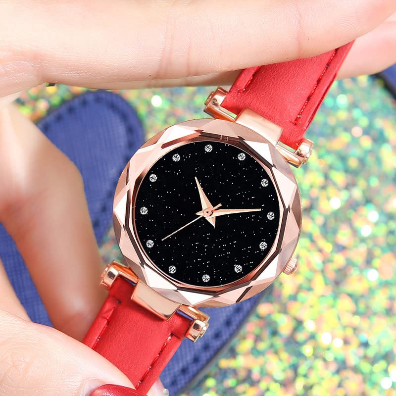 Shunya Elegant Black Dial Red Strap Diamond Women's Watch - Perfect for Formal Events, Date Nights & Special Occasions
