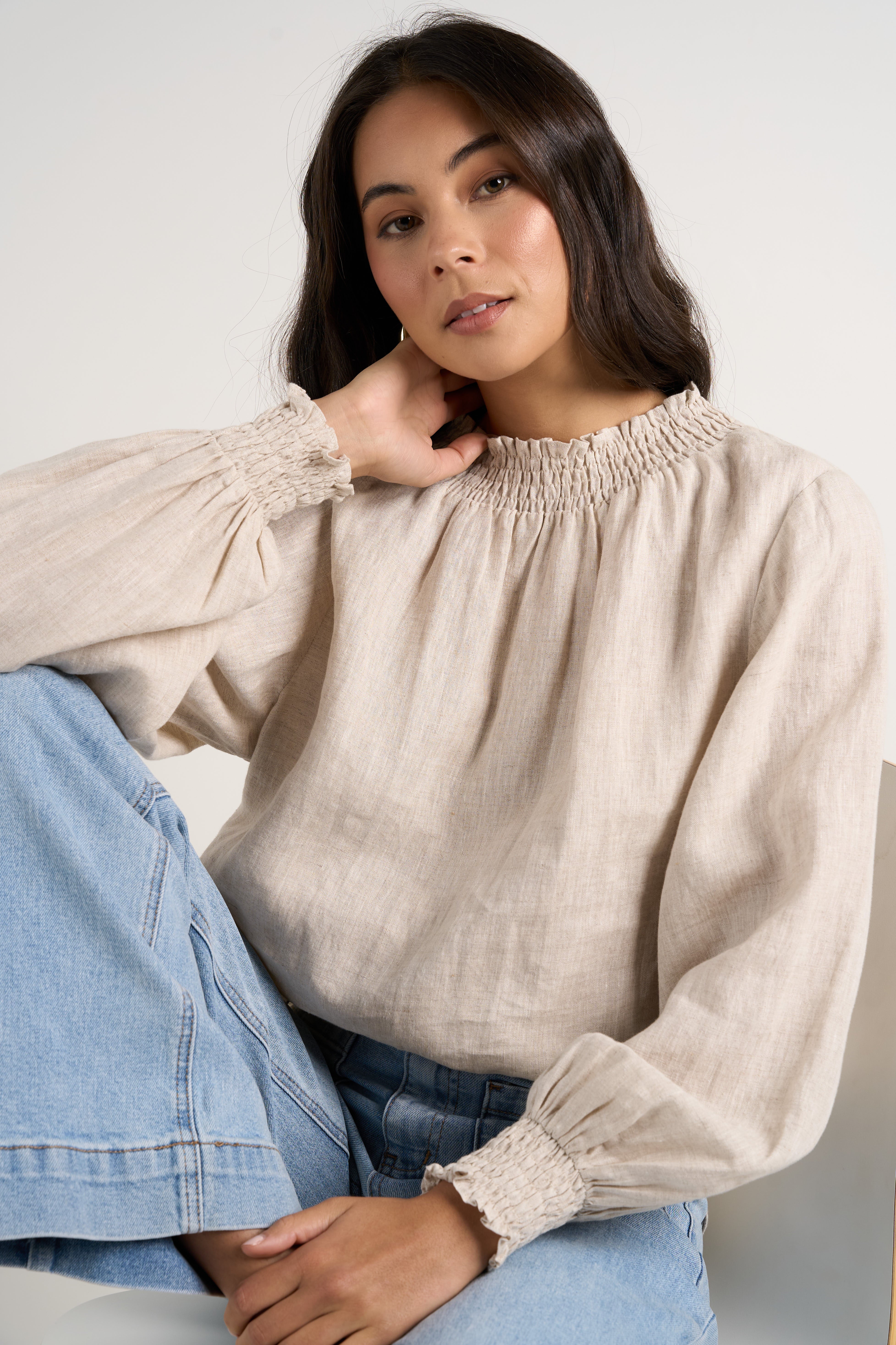 Natural Linen Shirred Neck Long Sleeve Top for Women - Boho Chic Blouse for Casual Wear, Office & Date Nights