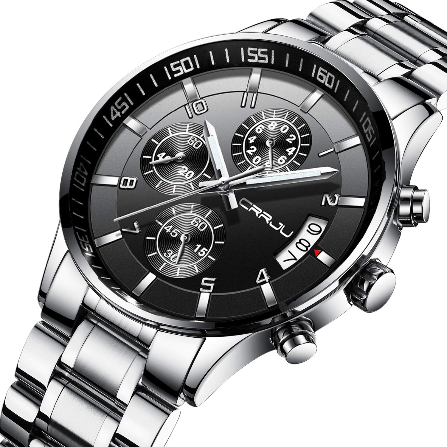 CRRJU Men's Stainless Steel Chronograph Watch with Date Display - Waterproof Fashion Wristwatch for Business, Casual & Outdoor Activities