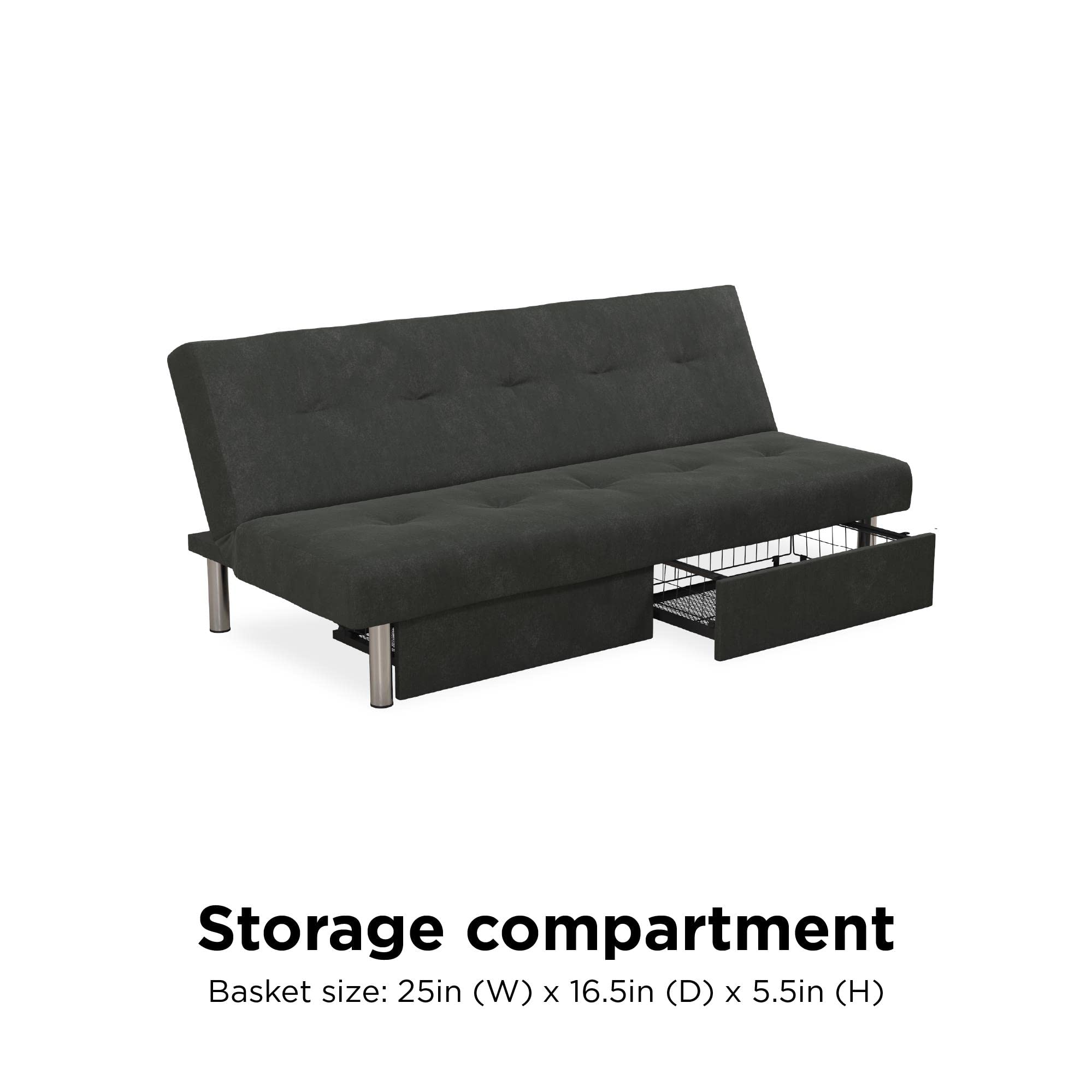 DHP Sola Storage Futon Sofa Bed - Convertible Sleeper with Under Seat Storage, Gray - Perfect for Small Apartments, Guest Rooms & Dorm Rooms