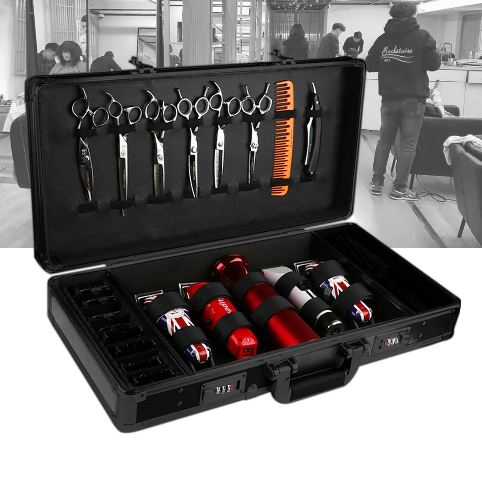 Professional Barber Carrying Case for Clippers & Scissors - Heavy Duty Salon Stylist Tool Box with Secure Code Lock (Black) - Perfect for Mobile Barbers, Salon Professionals & Traveling Hairstylists