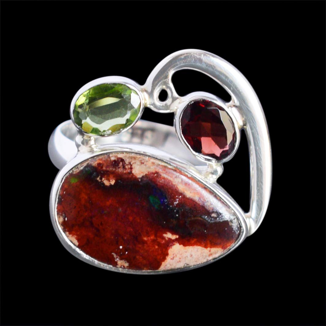 Exquisite Mexican Fire Opal & Garnet 925 Sterling Silver Ring - Handmade Jewelry Gift for Women, Brides, Anniversary | Perfect for Weddings, Date Nights & Special Occasions