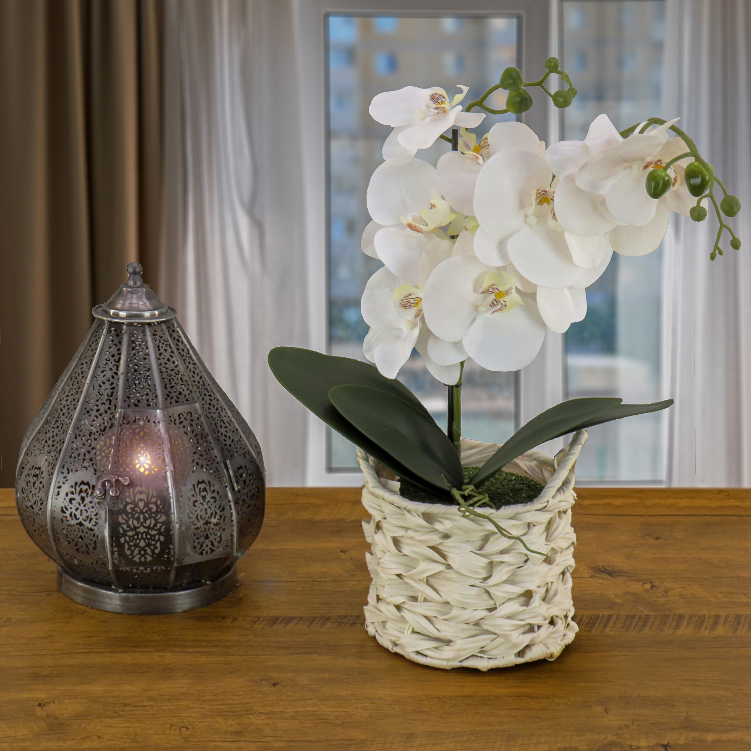 21 Inch Spring White Orchid Artificial Flower in White Basket - Perfect for Home Decor, Wedding Centerpieces, and Office Arrangements