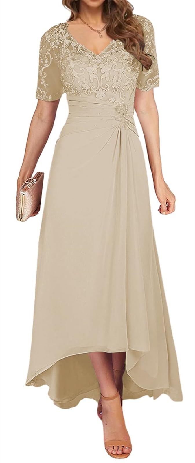 Elegant V-Neck Lace Chiffon Pleated Mother of The Bride Dress - Formal Wedding Guest Gown for Special Occasions & Ceremonies