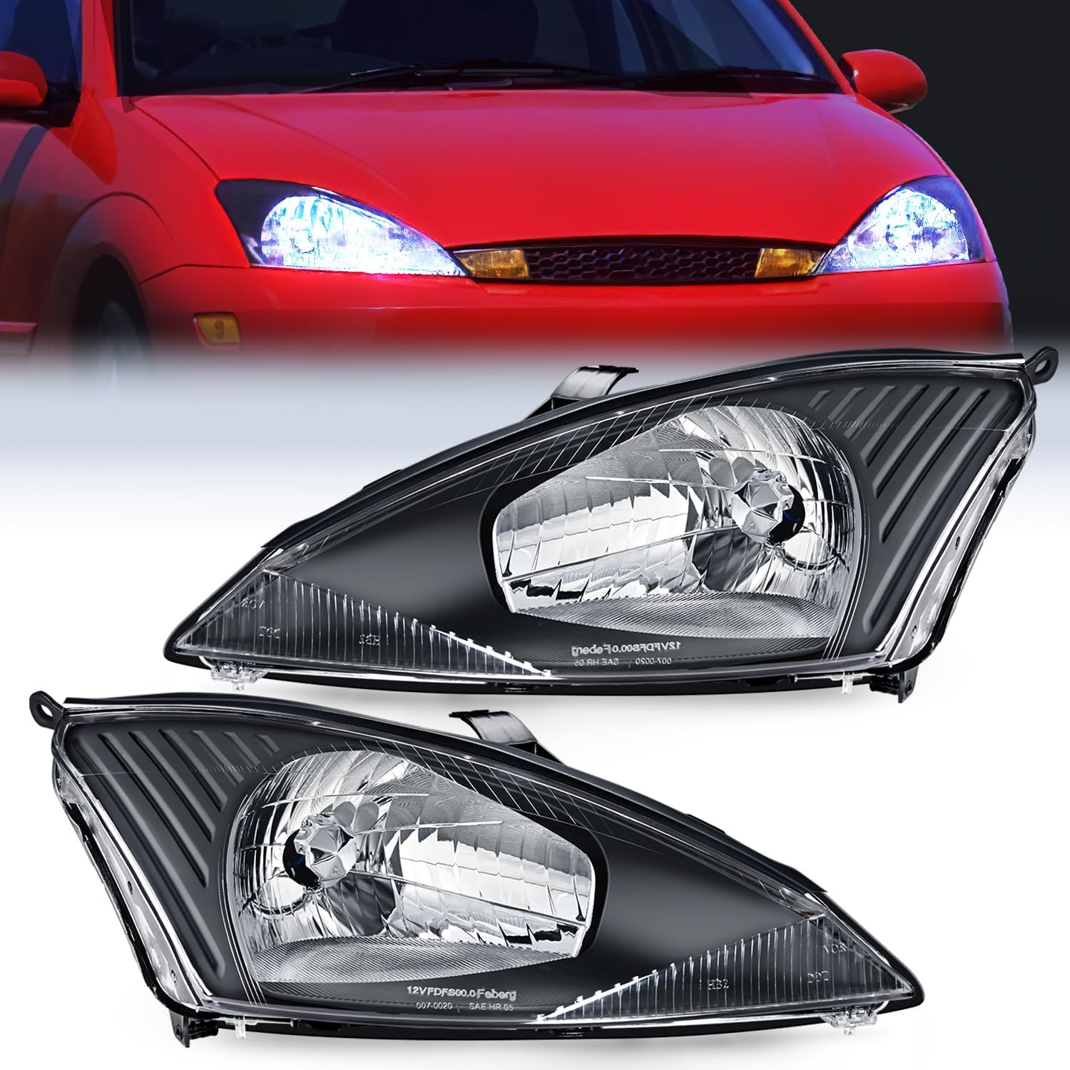 2000-2004 Ford Focus Headlight Assembly - Black Housing with Clear Reflector & Upgraded Lens | Improved Visibility for Night Driving & Foggy Conditions