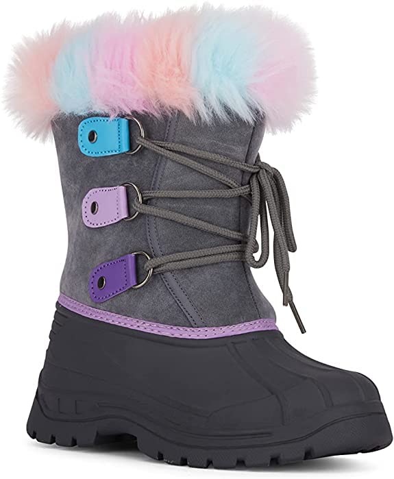Kids' Rainbow Fur Snow Boots with Sherpa Lining - Insulated Winter Boots for Boys & Girls - Waterproof Snow Shoes for Skiing, Hiking & Snow Play - Size 3 Big Kid - Perfect for Cold Weather Outdoor Activities