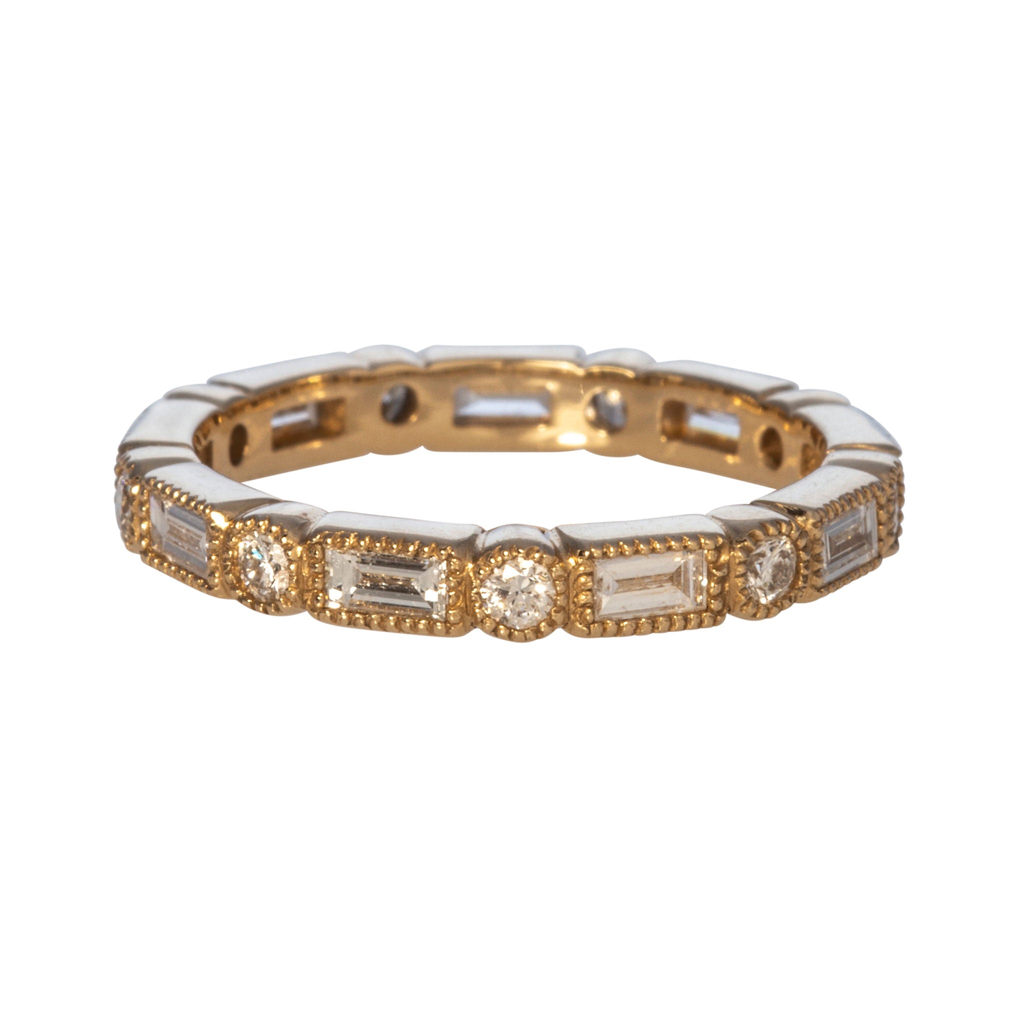 14K Yellow Gold Baguette & Round Diamond Eternity Wedding Band with Milgrain Detailing - Perfect for Anniversaries, Engagements, and Bridal Jewelry Sets