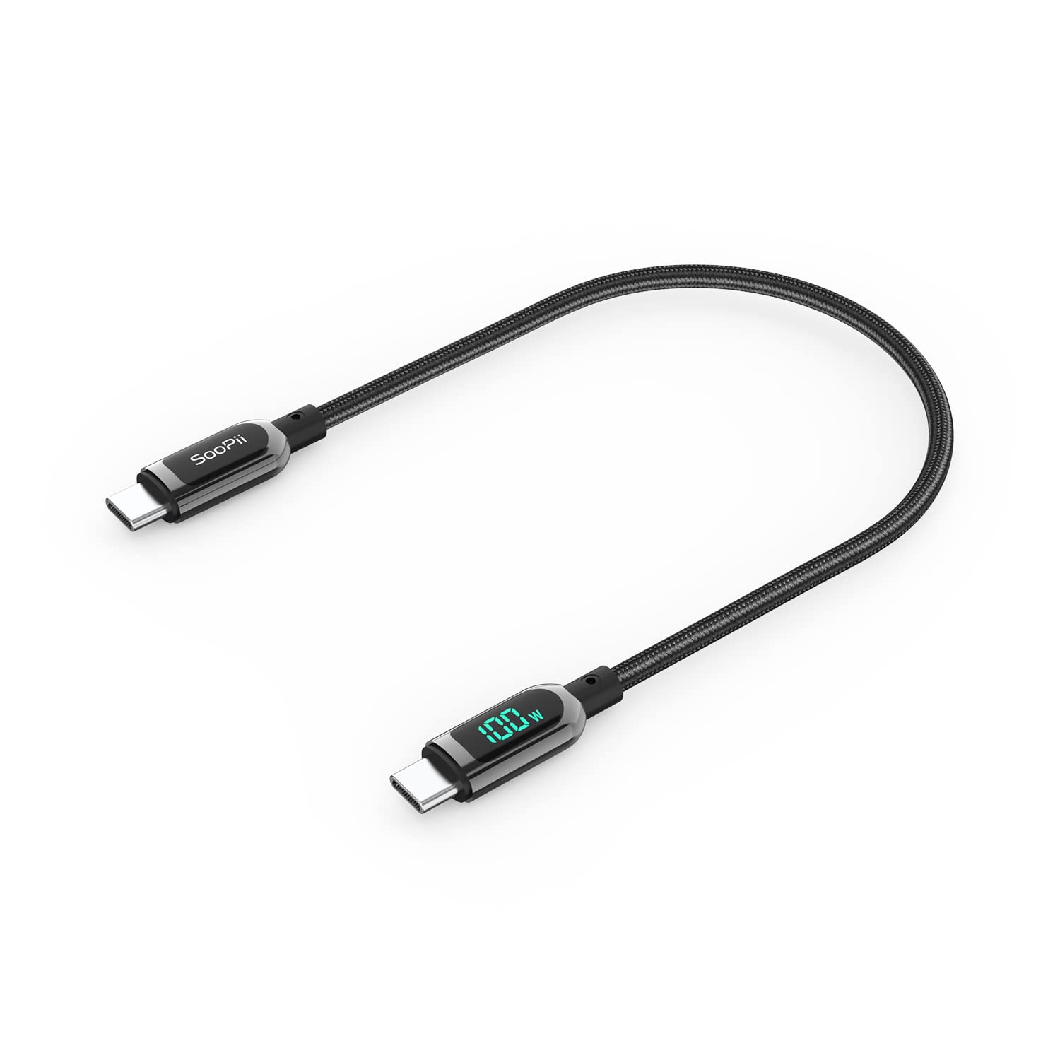 SOOPII 100W 1FT USB C to USB C Fast Charging Cable - Nylon Braided with LED Display - Compatible with iPhone 15/15 Pro/15 Plus/15 Pro Max, iPad Air, MacBook Pro, Galaxy S24/S23, Pixel, LG (Black) - Perfect for Home, Office & Travel Charging