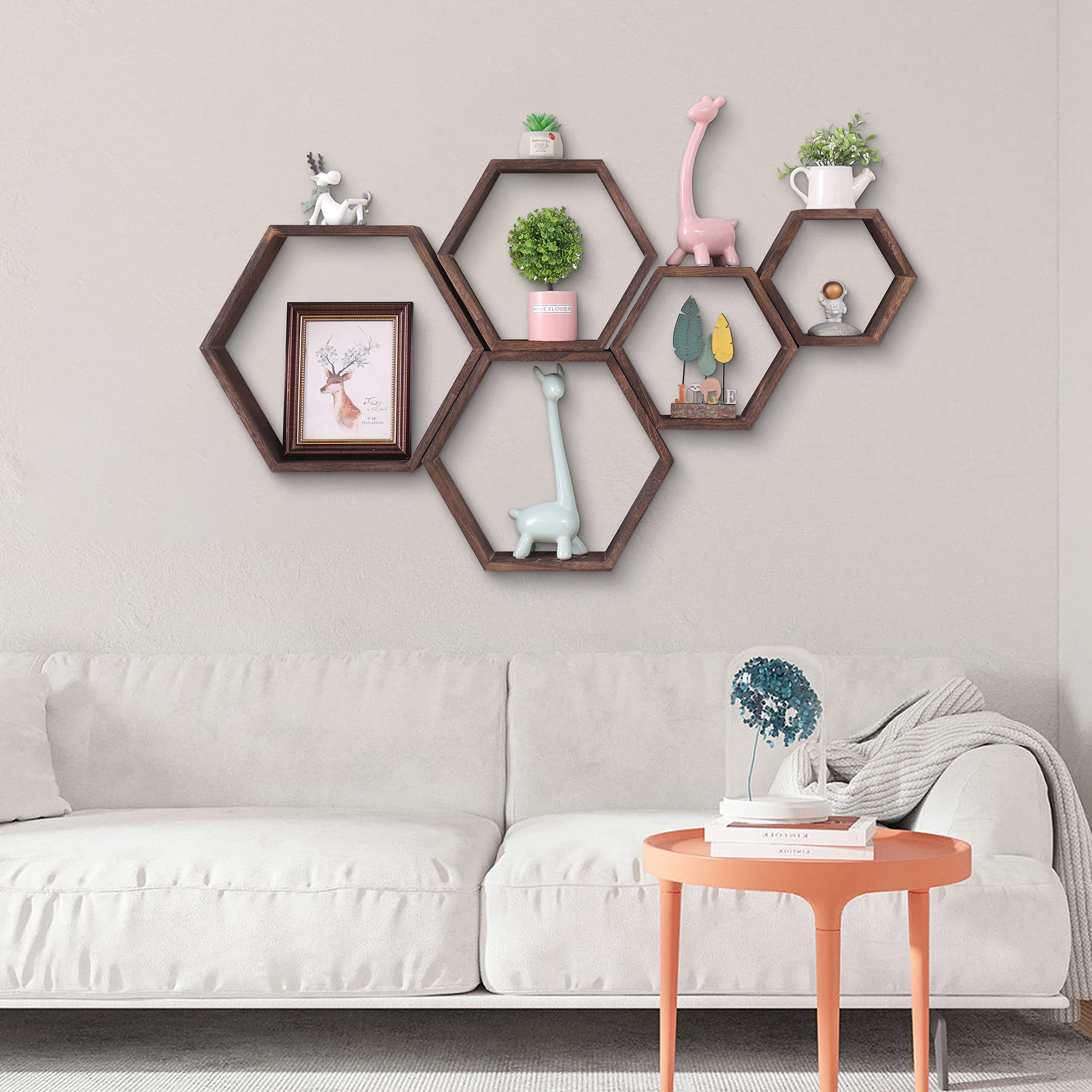 Hexagon Floating Shelves Set - Honeycomb Wall Mounted Wood Shelves for Bathroom, Kitchen, Bedroom & Living Room - Farmhouse Storage Shelf with Driftwood Finish - Dark Brown Home Decor - Perfect for Displaying Plants, Photos & Decorative Items