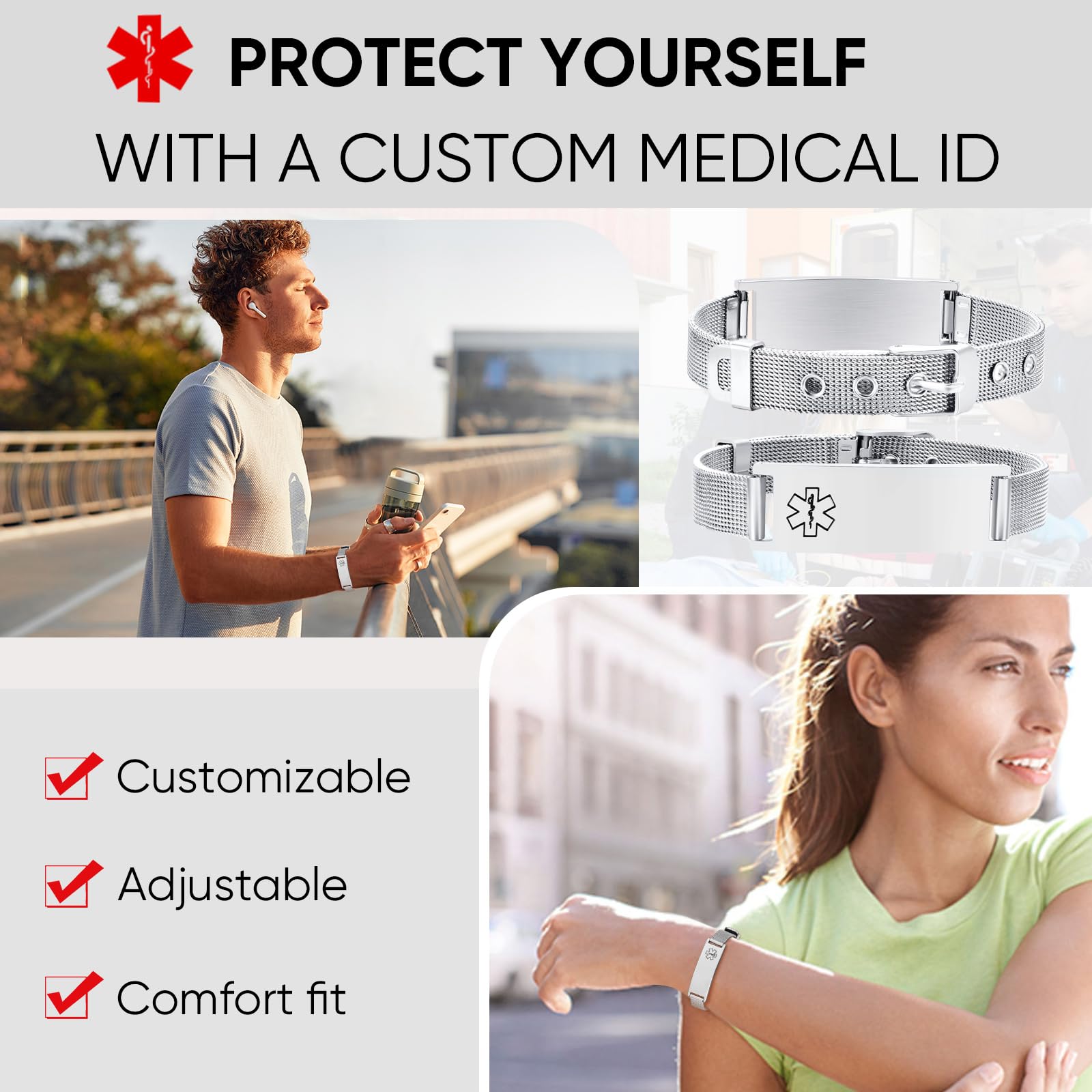 Custom Engraved Medical ID Bracelet for Women & Men - Adjustable Stainless Steel Emergency Alert Wristband for Diabetics, Asthma & Blood Thinner Patients - Free Personalization - Perfect for Daily Wear & Emergency Situations