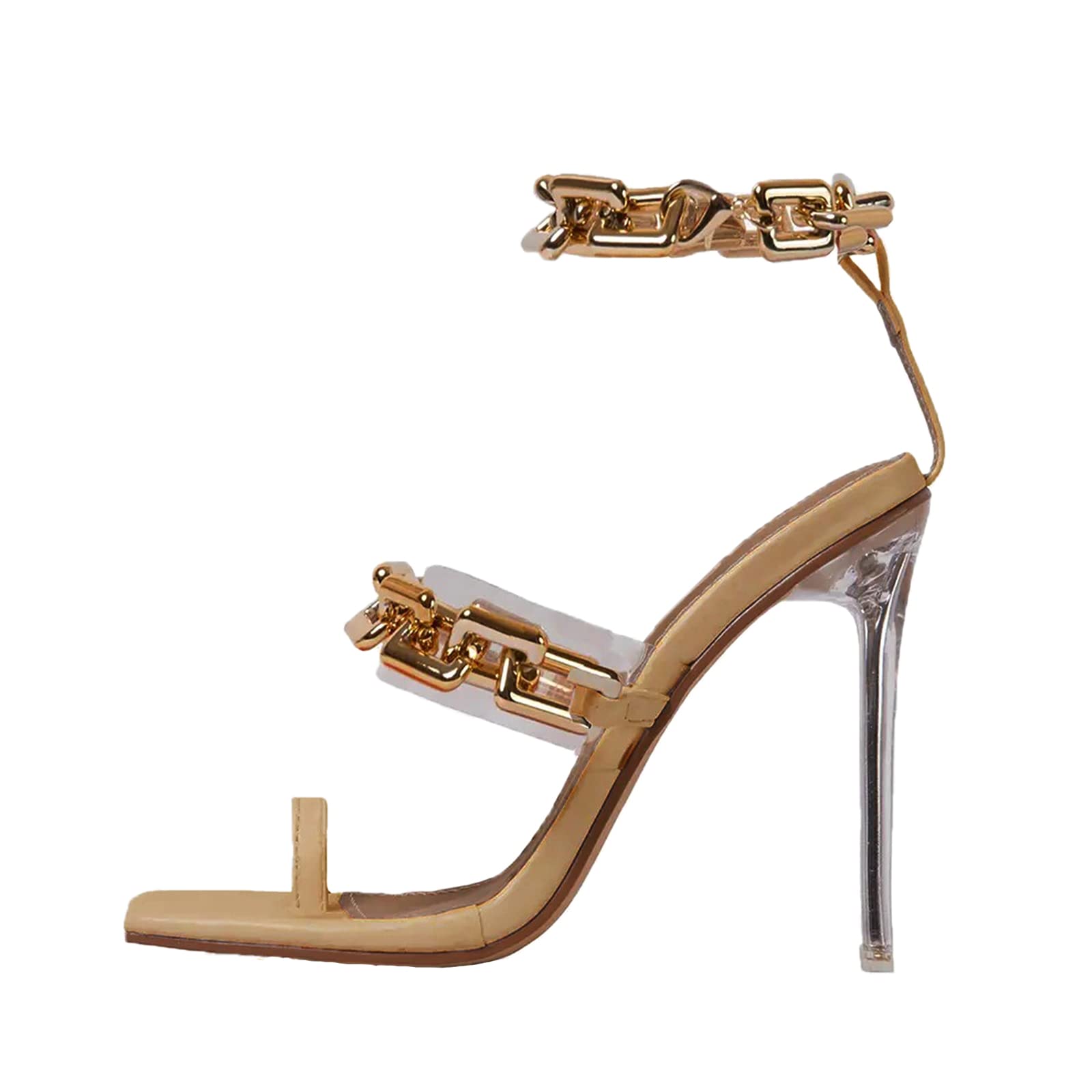 Yolkomo Women's Square Toe Clear Heels - Sexy Gold Chain Ankle Strap Stiletto Sandals for Women | Perfect for Parties, Weddings & Night Out