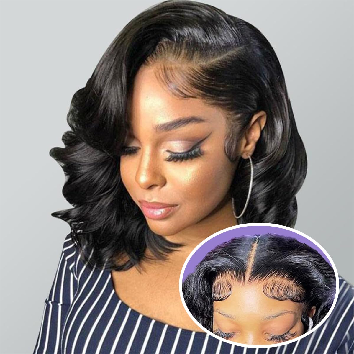 Larima Bob Wig 14Inch Human Hair - 13x4 HD Lace Front Wigs with Body Wave, 180% Density, Pre-Plucked, Glueless, Unprocessed Brazilian Virgin Hair (Natural Color) for Daily Wear, Parties & Special Occasions