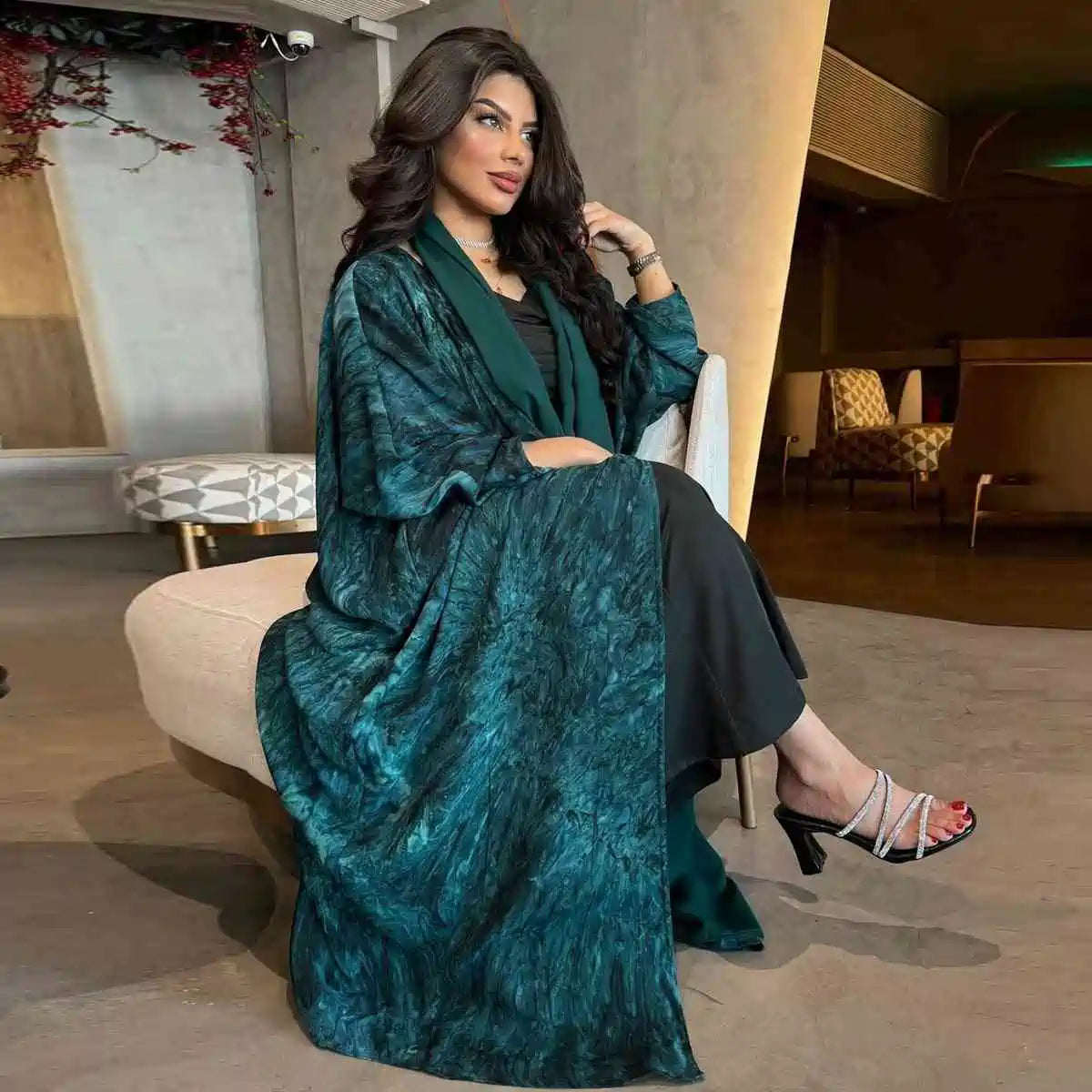 Elegant Chiffon Printed Cardigan Open Abaya Dress with Matching Hijab - Modest Muslim Fashion for Women, Perfect for Prayer, Eid, and Special Occasions