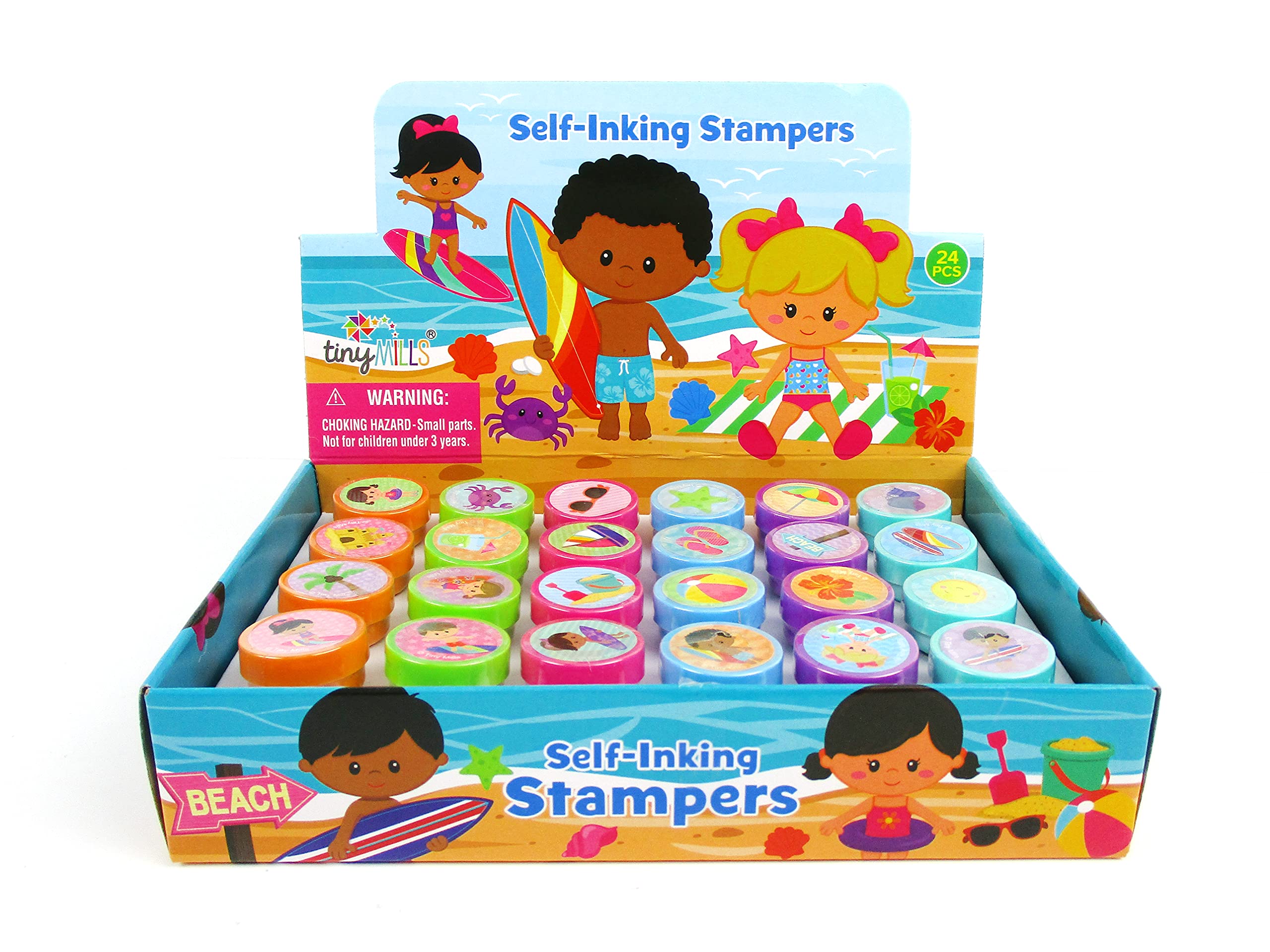 TINYMILLS 24 Pcs Summer Beach Pool Party Stamps for Kids - Fun Party Favors, Pinata Fillers, Carnival Prizes, Camp & Classroom Rewards - Perfect for Summer Parties, Pool Events & Kids Activities