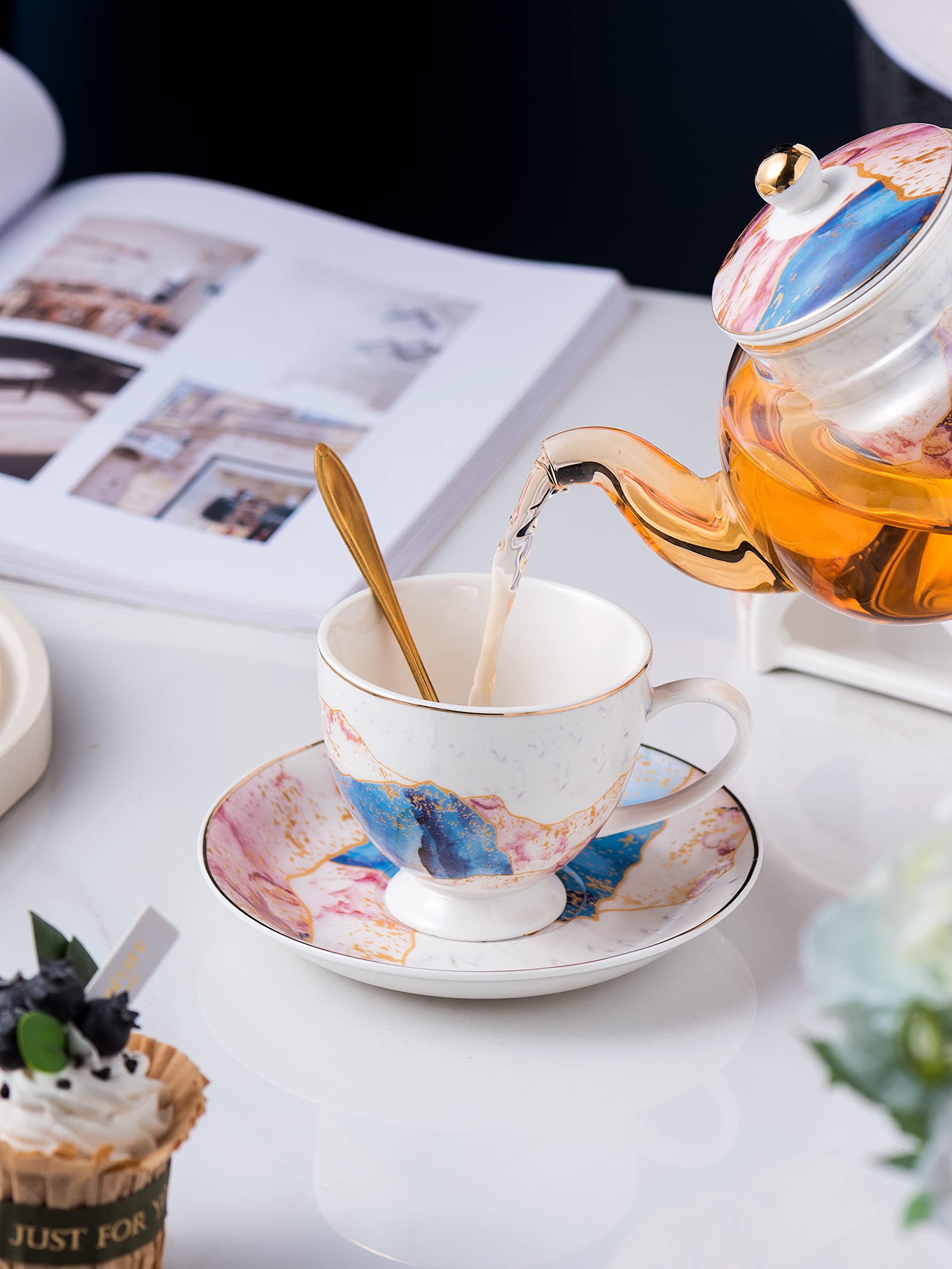 Jusalpha Fine China Rainbow Galaxy Series 16-Piece Glass Tea Set with Infuser, Warmer, Teacups, Saucers & Spoon - Elegant Gift Box - Perfect for Afternoon Tea, Bridal Showers & Home Decor (FD Glass Pot Set 08)