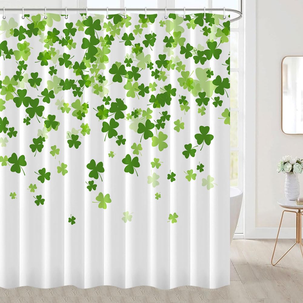 St. Patrick's Day Shower Curtain - Green Clover Leaf Irish Shamrock Design with Hooks, 72x72 inches - Perfect for Bathroom Decor & Irish Themed Parties