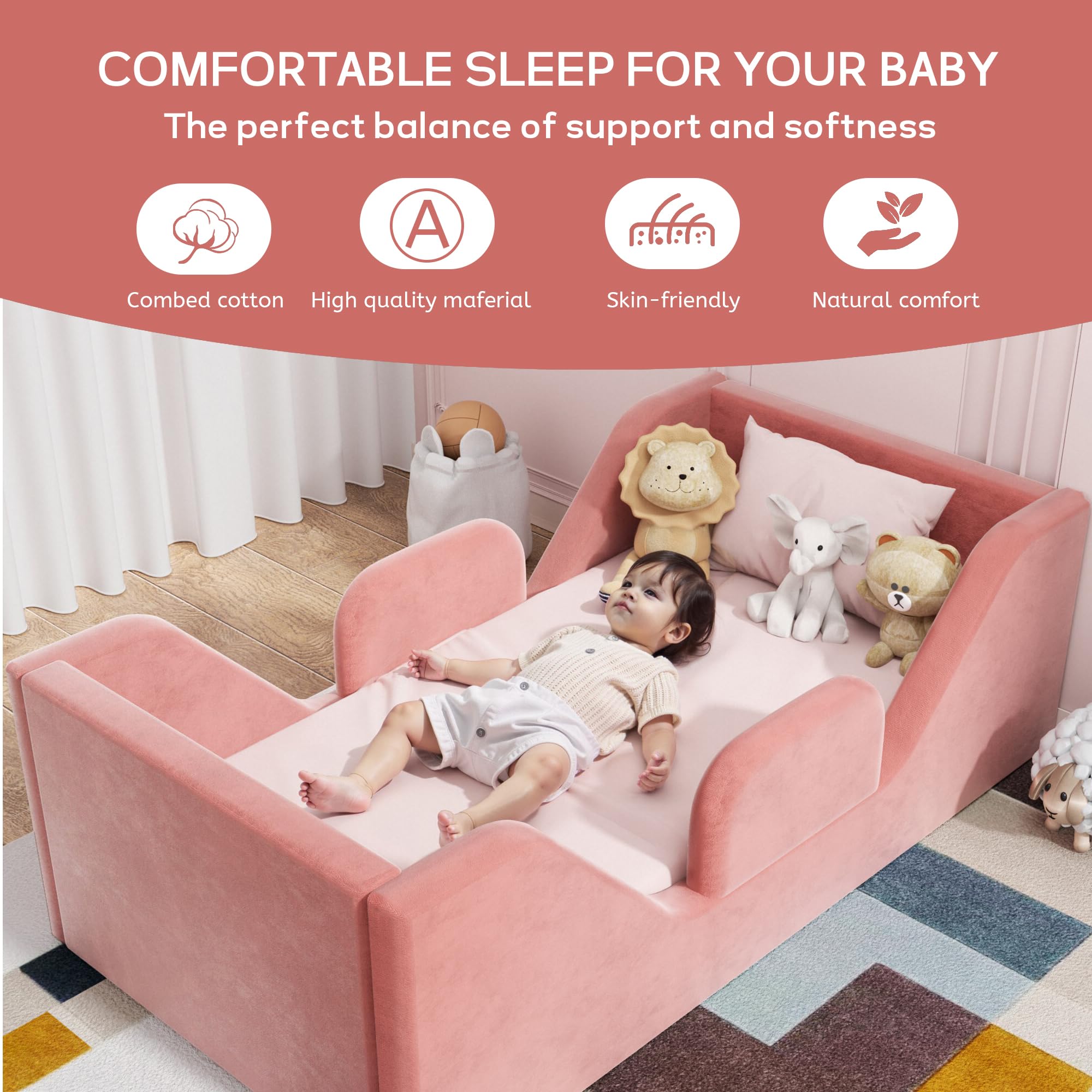 **Toddler Floor Bed with Guard Rails - Safe & Certified Small Bed for Kids Boys & Girls Ages 2-6 Years (Pink) - Perfect for Montessori Bedrooms & Kids' First Big-Kid Bed**