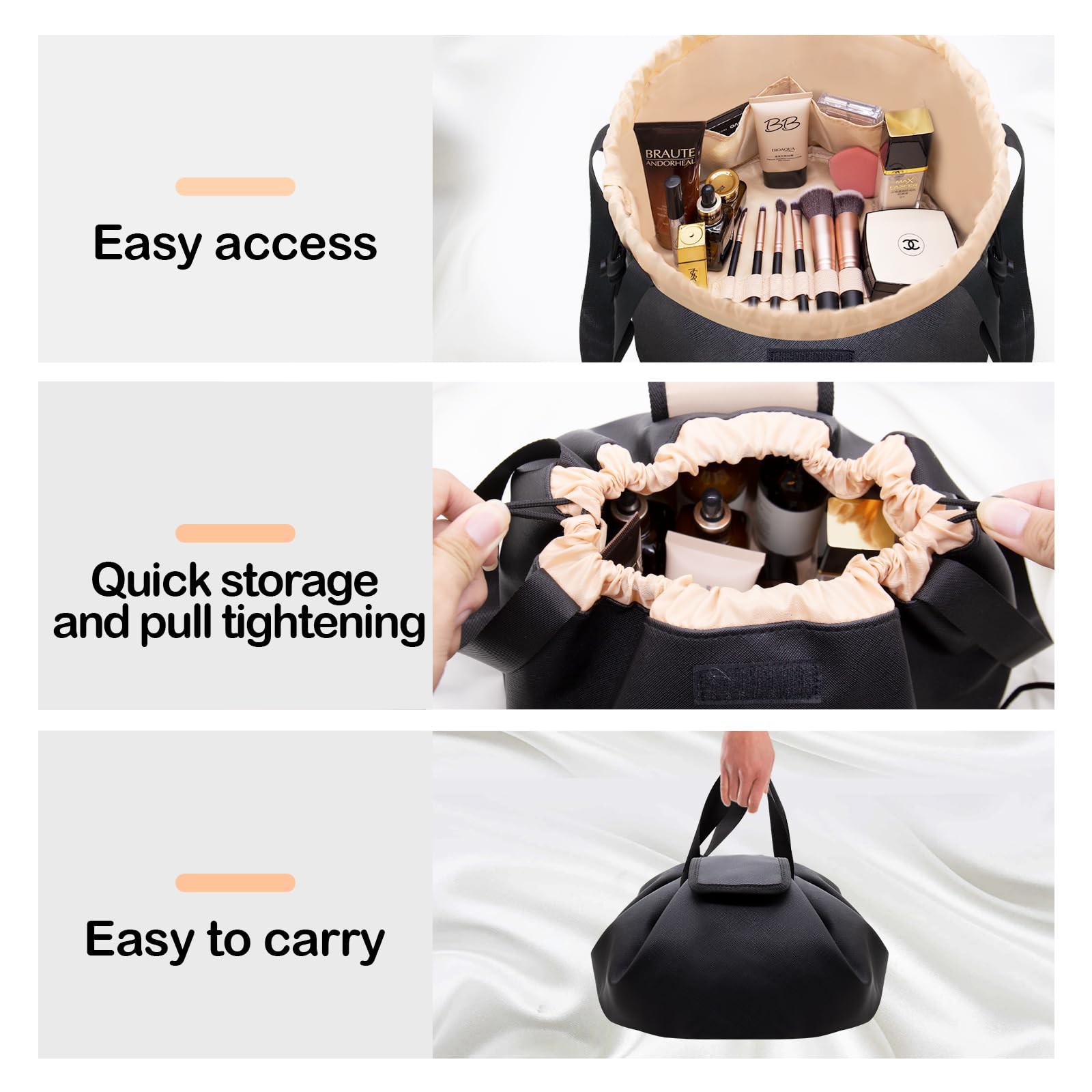Large Leather Drawstring Makeup Organizer Bag - Waterproof Travel Cosmetic & Toiletry Pouch for Women's Brushes & Accessories (Black) - Perfect for Vacation, Gym, Daily Use & On-the-Go Organization