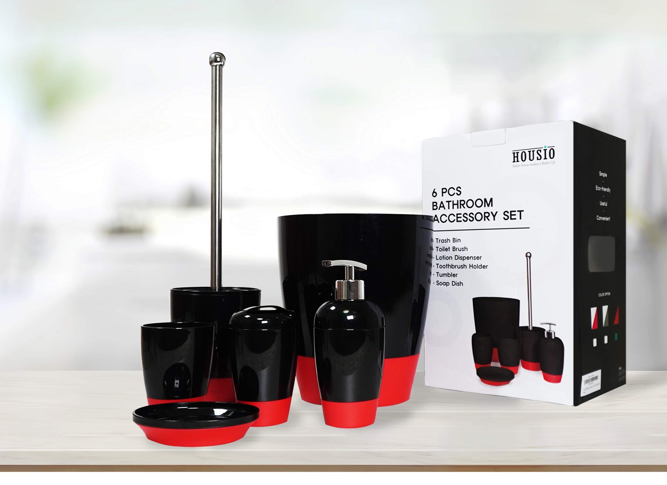 Eco-Friendly 6-Piece Bathroom Accessories Set - Toothbrush Holder, Tumbler, Lotion Dispenser, Soap Dish, Toilet Brush & Trash Bin (Black/Red) | Perfect for Modern Homes, Guest Bathrooms & Sustainable Living