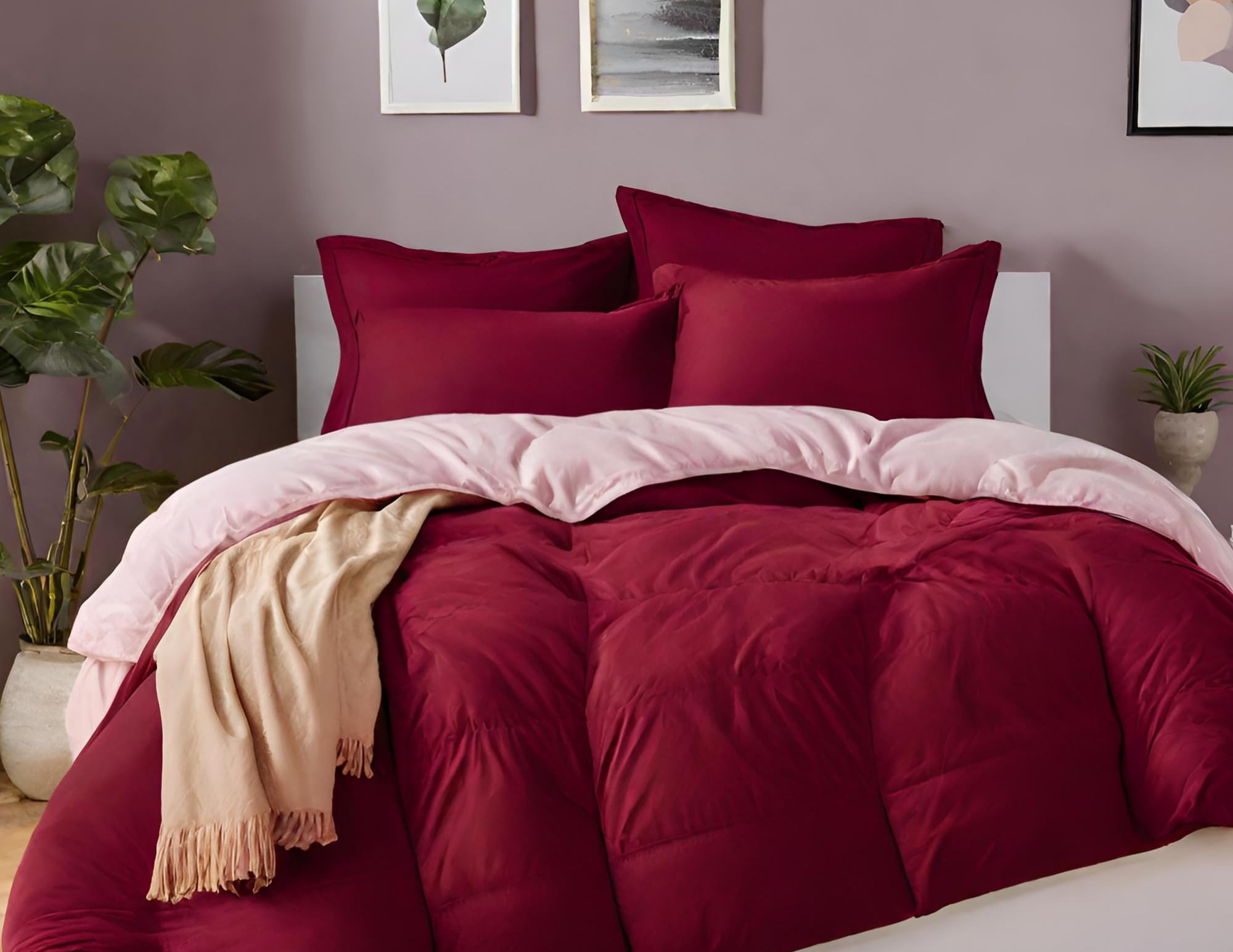 Embossed Lightweight Bed Comforter Set | 3Pcs All Season Down Alternative Reversible Comforter with Pillowcases | Soft Hypoallergenic Bedding for Master Bedroom, Guest Room & Dorm - Burgundy Red