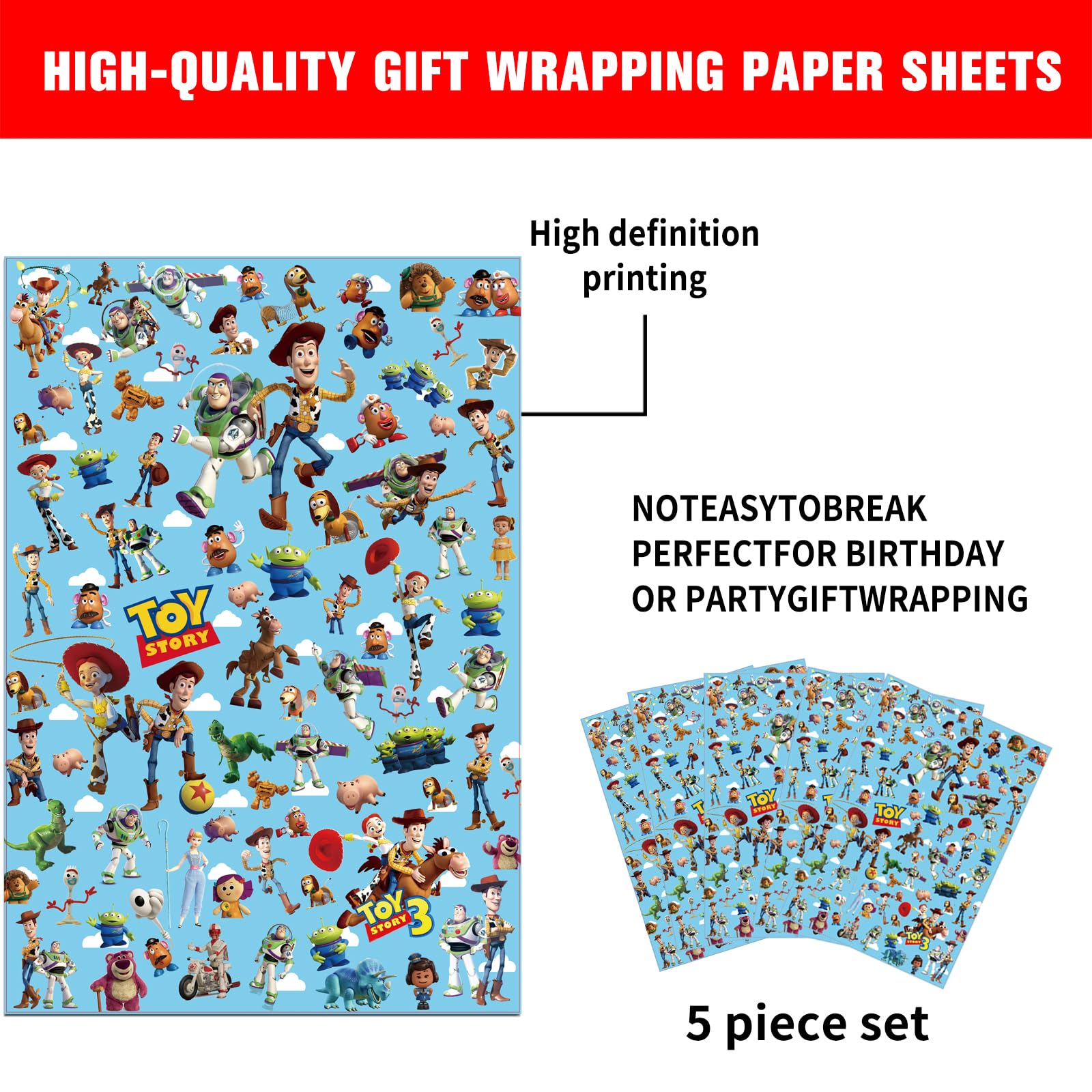 5-Pack Toy Story Inspired Wrapping Paper - 20 x 30 Inch Bulk Gift Wrap for Birthday Parties, Baby Showers, Weddings & DIY Crafts | Perfect for Toy Story Themed Decorations & Gift Packaging