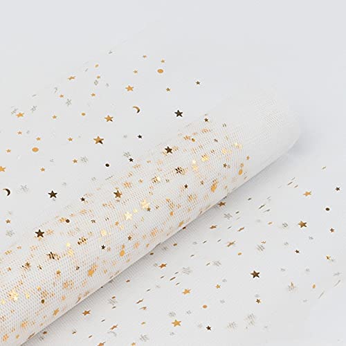 Premium Gold Star Moon Yarn Flower Wrapping Paper - 48cm x 1m Roll, White Scrapbook Decorative Gauze for Bouquets, Floral Arrangements & DIY Crafts - Perfect for Wedding, Birthday & Gift Wrapping
