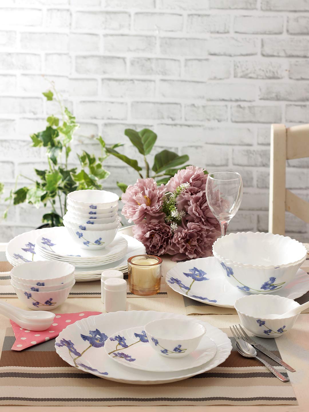 Opal Glass Dinner Set for 6 - 35 Piece Blue Orchids Crockery Set with Plates & Bowls | Microwave Safe, Durable & Lightweight White Tableware | Perfect for Family Dining, Entertaining Guests & Restaurant Use