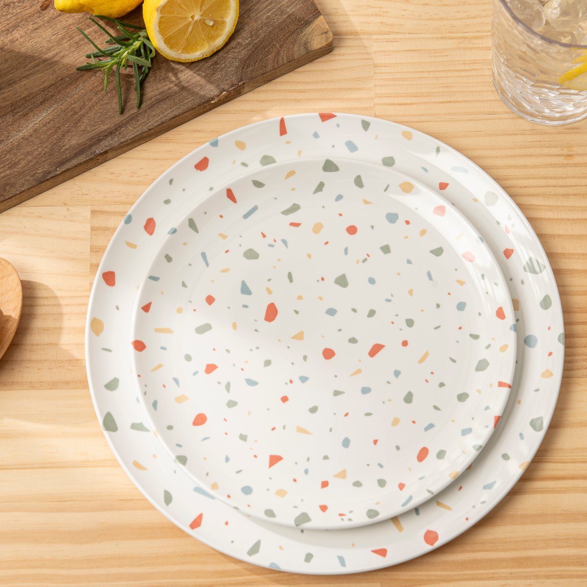 12-Piece Outdoor Dinnerware Set - Durable White Confetti Melamine Plates & Bowls for Picnics, BBQs, and Pool Parties - Shatterproof Dishware for Outdoor Dining