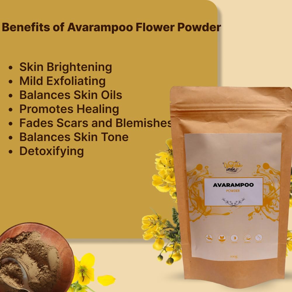 Organic Avarampoo Flower Powder (Senna Auriculata) - 100g for Face, Body & Hair Care | Natural Skin Brightening & Hair Growth Treatment | Perfect for DIY Beauty Masks & Ayurvedic Remedies