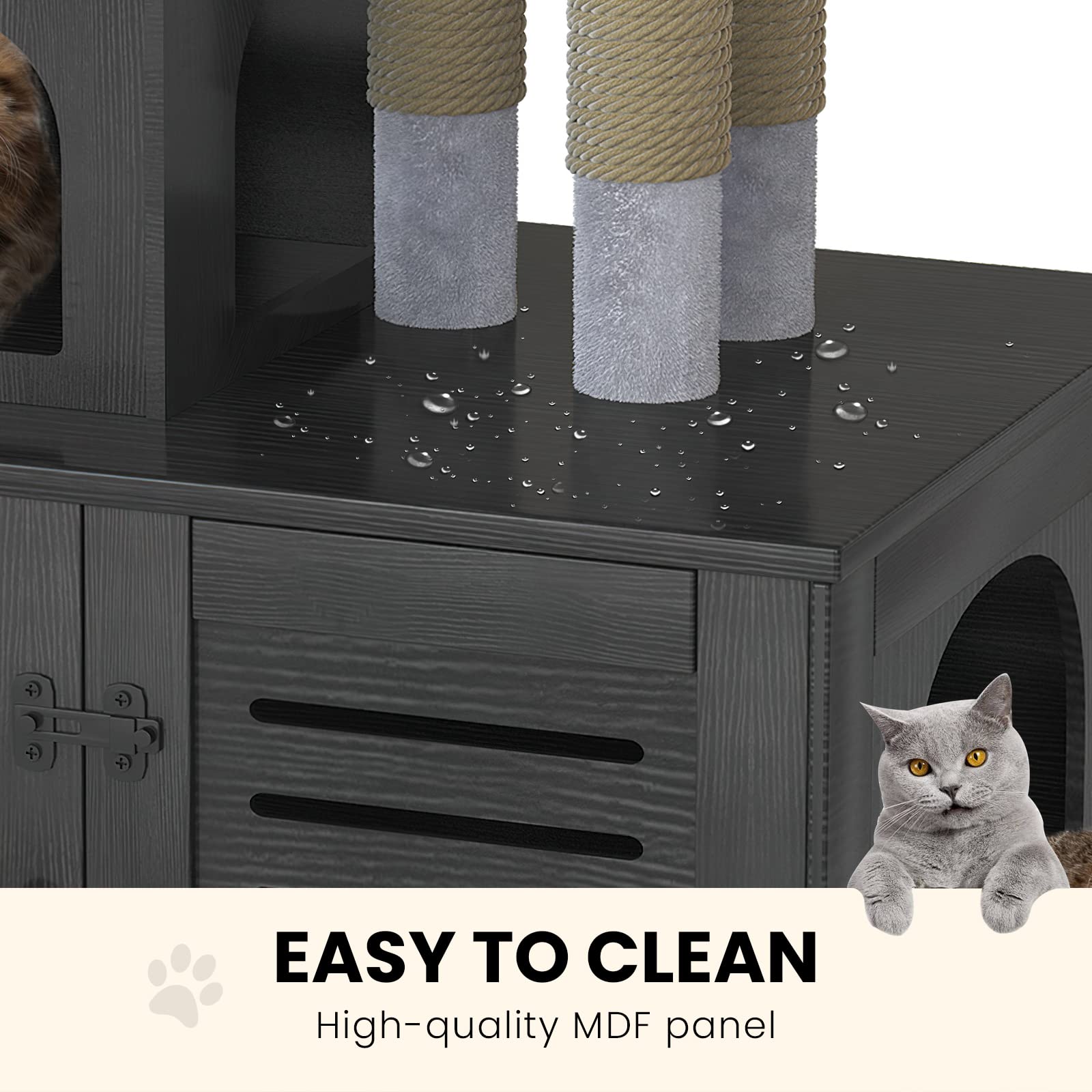 Recaceik Wooden Cat Litter Box Enclosure with Cat Tree - Hidden Washroom Furniture with Divider, Scratching Post & Plush Perch - Indoor Pet Cabinet for Small Spaces (Black) | Perfect for Apartments & Multi-Cat Homes