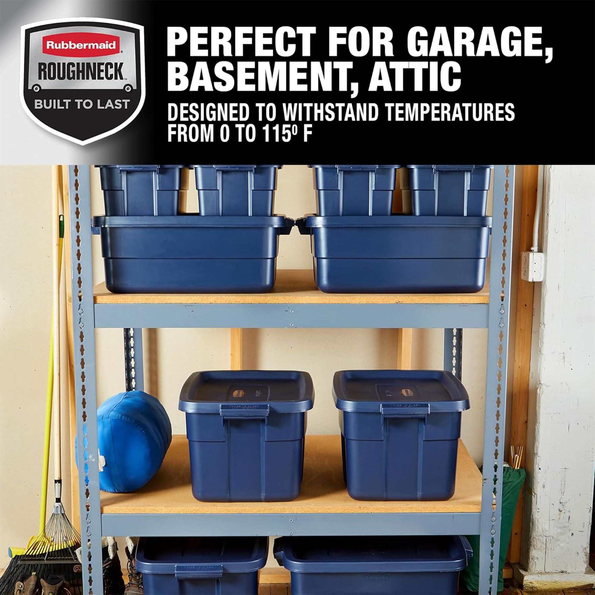 Rubbermaid Roughneck Heavy-Duty Storage Totes (10-Pack) - Stackable Plastic Bins with Lids & Handles, Made in USA - Dark Indigo Metallic for Home, Garage & Office Organization