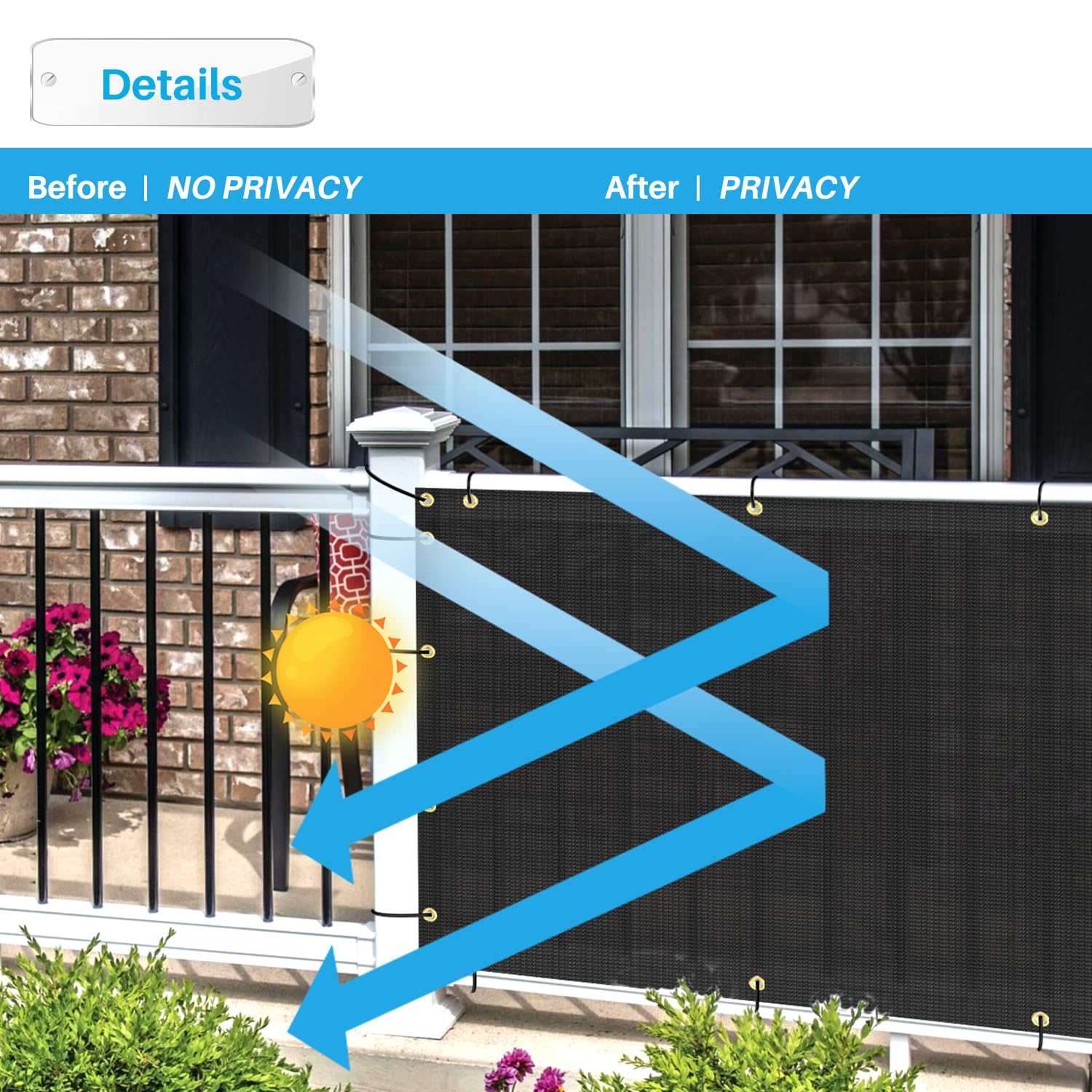 3' x 110' Black Balcony Privacy Screen & Outdoor Fence Panels - Apartment Railing Covers, Temporary Porch Deck Backyard Net Mesh with Zip Ties - Perfect for Patio Privacy, Garden Protection & Outdoor Space Division
